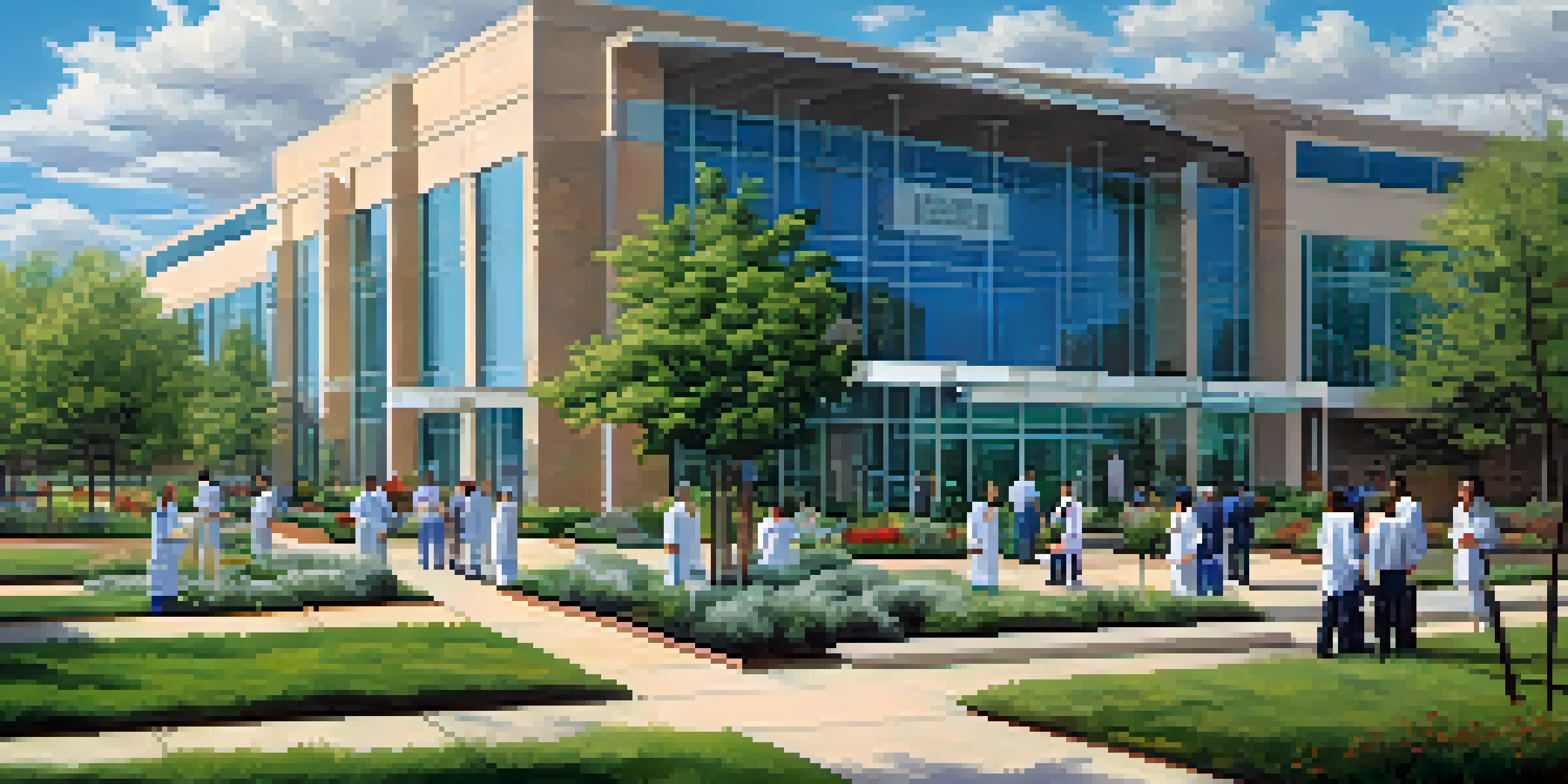 A modern hospital in Dallas with healthcare professionals and patients interacting, surrounded by greenery and a clear sky.