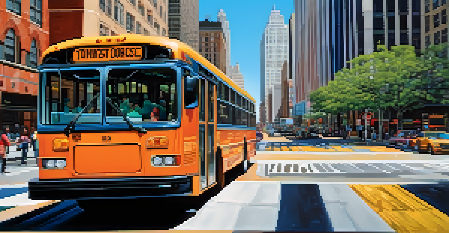 A modern bus in an urban setting, surrounded by skyscrapers and pedestrians, under clear blue skies.