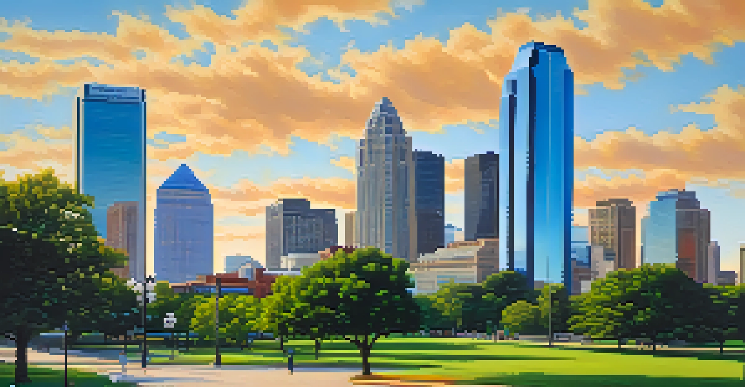 A contemporary skyline of Dallas featuring a blend of historic and modern buildings, with green parks and diverse people, representing the city's vibrant culture.