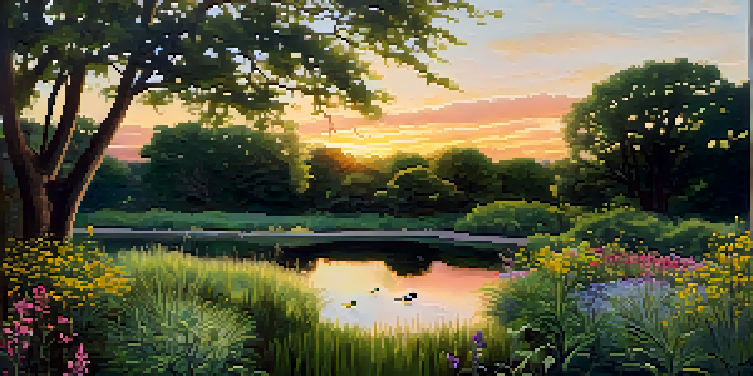 A peaceful park scene in Dallas with a sunset, featuring a Black-capped Vireo on a branch and colorful native plants.