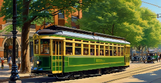 A vintage streetcar on a tree-lined street with historic buildings in the background, illuminated by golden sunlight.