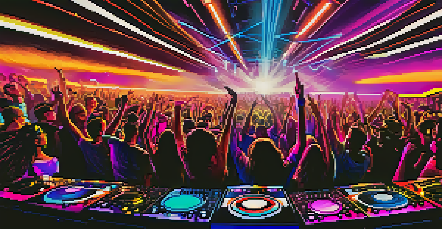 An energetic electronic music event in Dallas with a DJ on stage, colorful lights, and an enthusiastic crowd dancing.