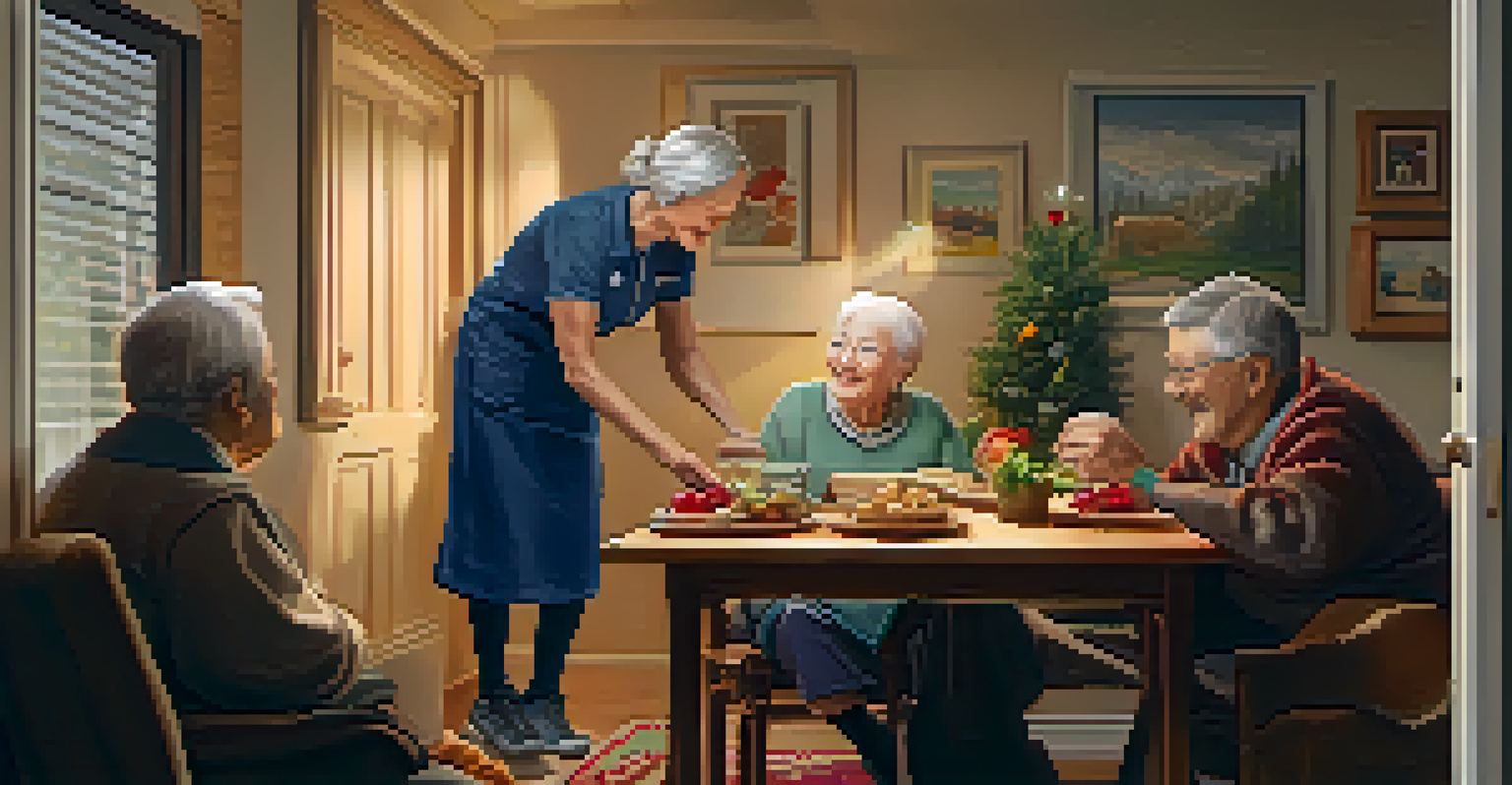 A volunteer delivering meals to an elderly person in a cozy living room, showcasing a warm interaction.