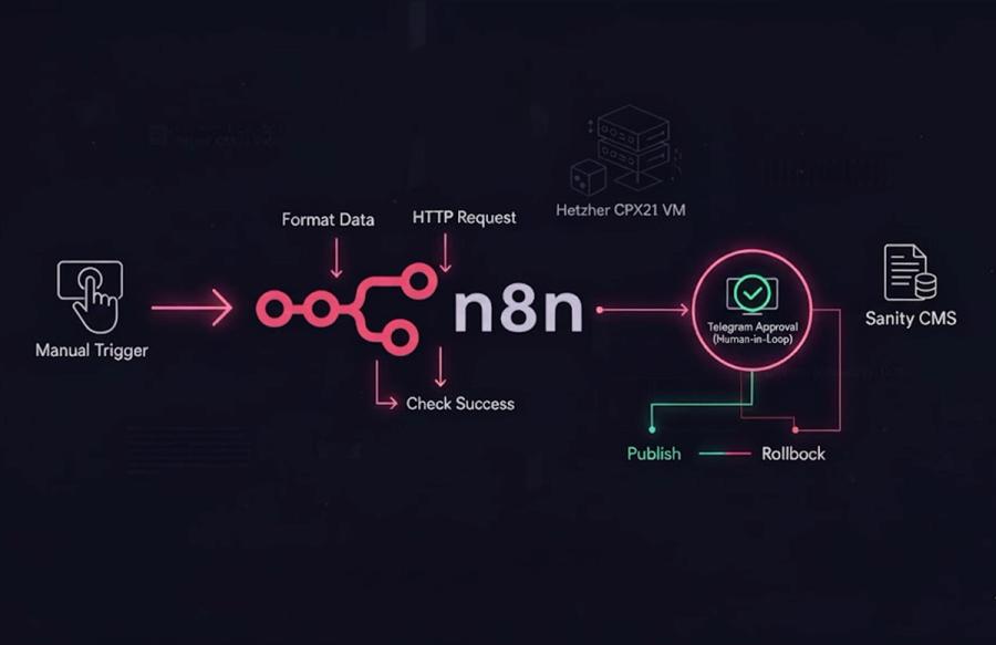 Diagram illustrating a 'Human-in-the-Loop Automation' workflow. It shows a 'Manual Trigger' leading into 'n8n' which handles 'Format Data', 'HTTP Request', and 'Check Success'. From n8n, the flow moves to 'Telegram Approval (Human-in-Loop)' which then branches to 'Publish' or 'Rollback', interacting with 'Sanity CMS' and running on a 'Hetzner CPX21 VM'.