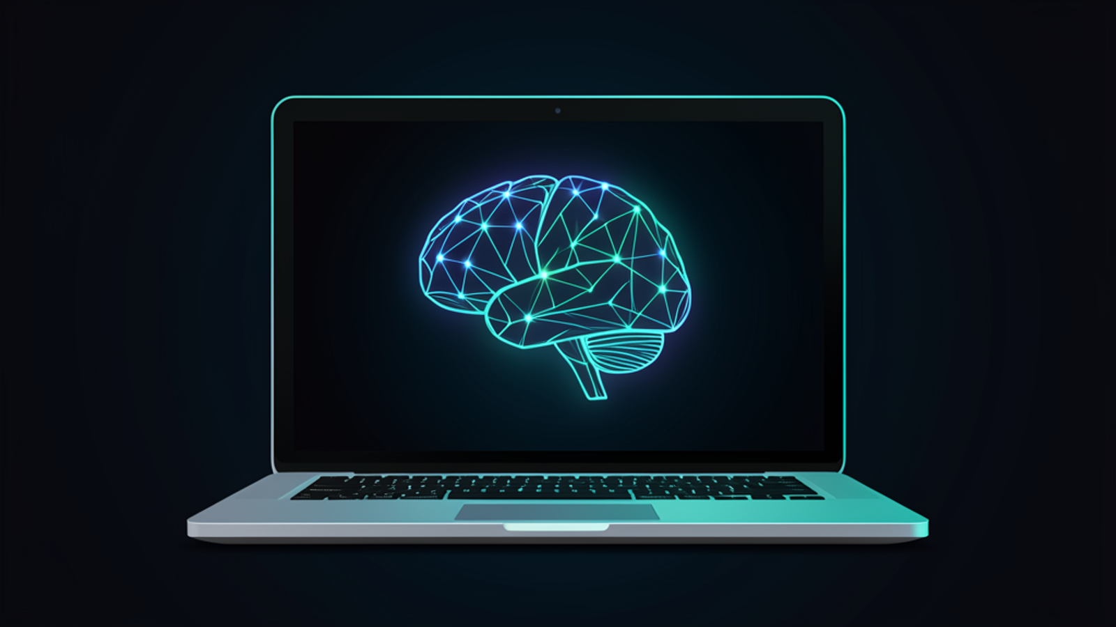 Ein Laptop mit einem leuchtenden KI-Gehirn, das sich komplett innerhalb des Bildschirms befindet, als Symbol fuer lokale KI und Datenschutz