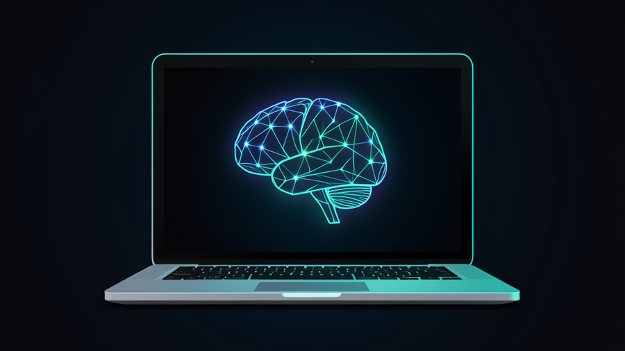 Ein Laptop mit einem leuchtenden KI-Gehirn, das sich komplett innerhalb des Bildschirms befindet, als Symbol fuer lokale KI und Datenschutz