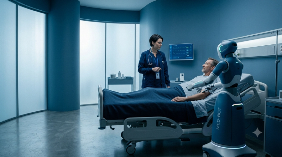 Ein minimalistisch gestaltetes, realistisches Krankenzimmer in monochromen Blautönen zeigt eine Ärztin und einen medizinischen Roboter, die am Krankenbett eines Patienten zusammenarbeiten, um ihn zu versorgen.