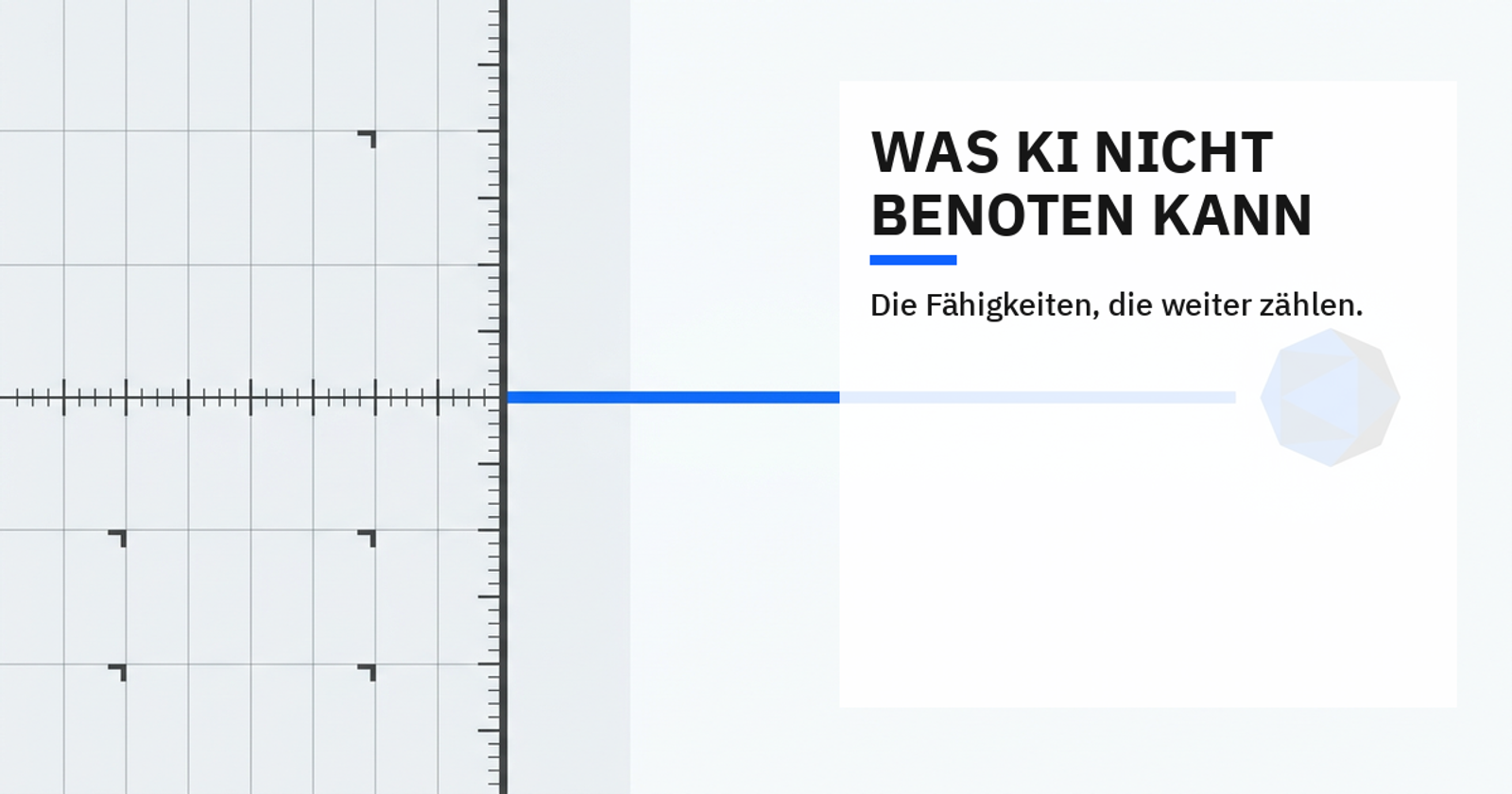 Redaktionelles Titelbild: Ein präzises Messraster erreicht seine Grenze, während ein blauer Weg zu einer offenen menschlichen Entscheidung weiterführt.
