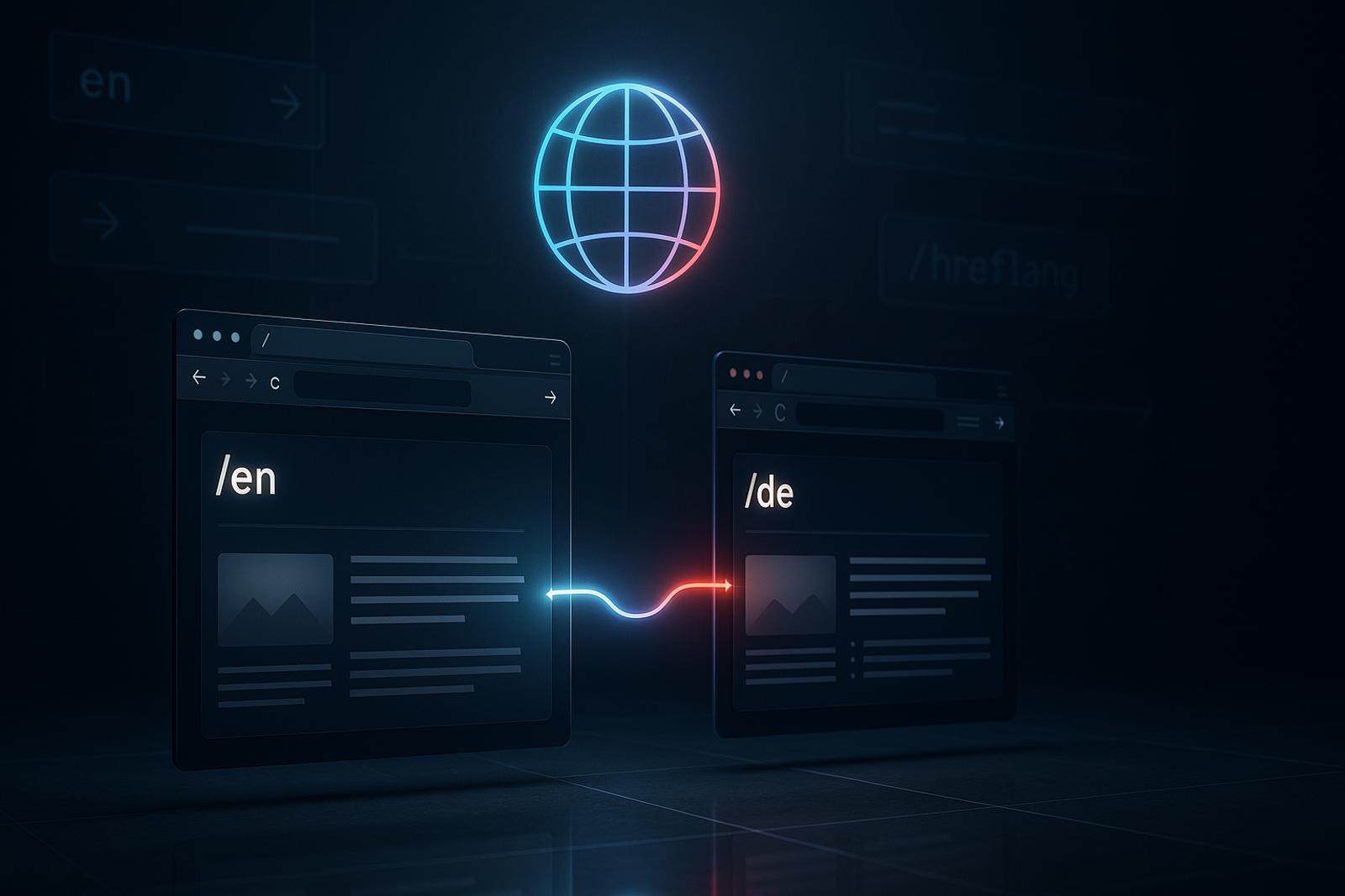 Photorealistic 3D rendering of a bilingual website system with glowing browser windows labeled /en and /de, connected by a data stream
