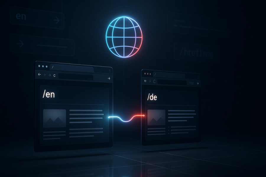 Photorealistic 3D rendering of a bilingual website system with glowing browser windows labeled /en and /de, connected by a data stream