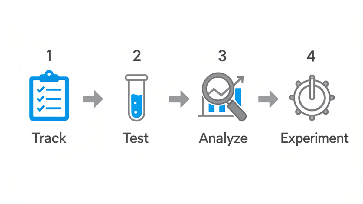 Eine übersichtliche Infografik mit vier nummerierten Schritten in horizontaler Anordnung: 1. Erfassen (Symbol: Tabelle/Checkliste), 2. Testen (Symbol: Reagenzglas), 3. Analysieren (Symbol: Lupe auf den Daten), 4. Experimentieren (Symbol: Drehknopf). Flaches Design, keine Texte.