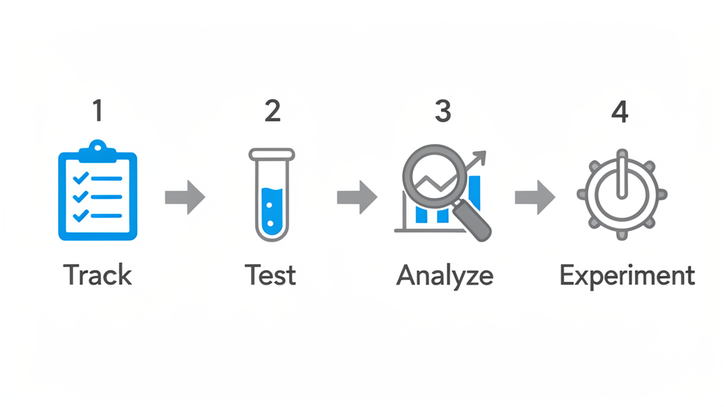 Eine übersichtliche Infografik mit vier nummerierten Schritten in horizontaler Anordnung: 1. Erfassen (Symbol: Tabelle/Checkliste), 2. Testen (Symbol: Reagenzglas), 3. Analysieren (Symbol: Lupe auf den Daten), 4. Experimentieren (Symbol: Drehknopf). Flaches Design, keine Texte.