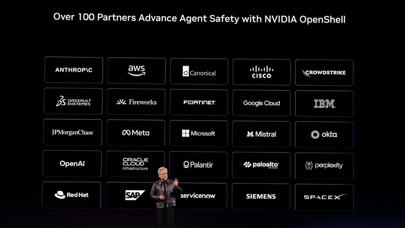 Jensen Huang auf der Bühne der NVIDIA GTC Berlin am 21. Oktober 2026, vor einer Folie zu Agent Safety mit NVIDIA OpenShell. Foto: NVIDIA.