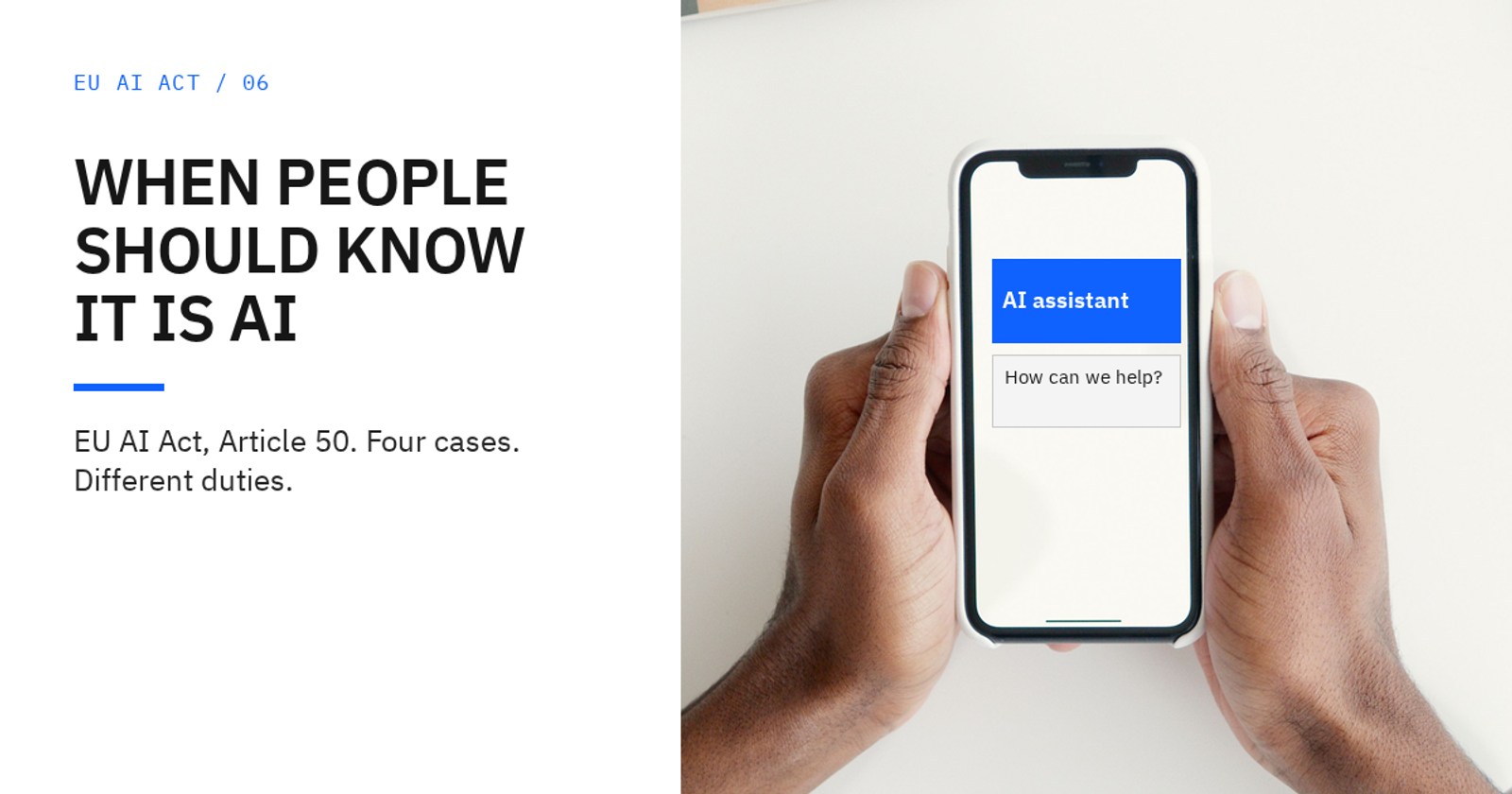 Hands hold a phone showing an illustrative chat labeled “AI assistant”.