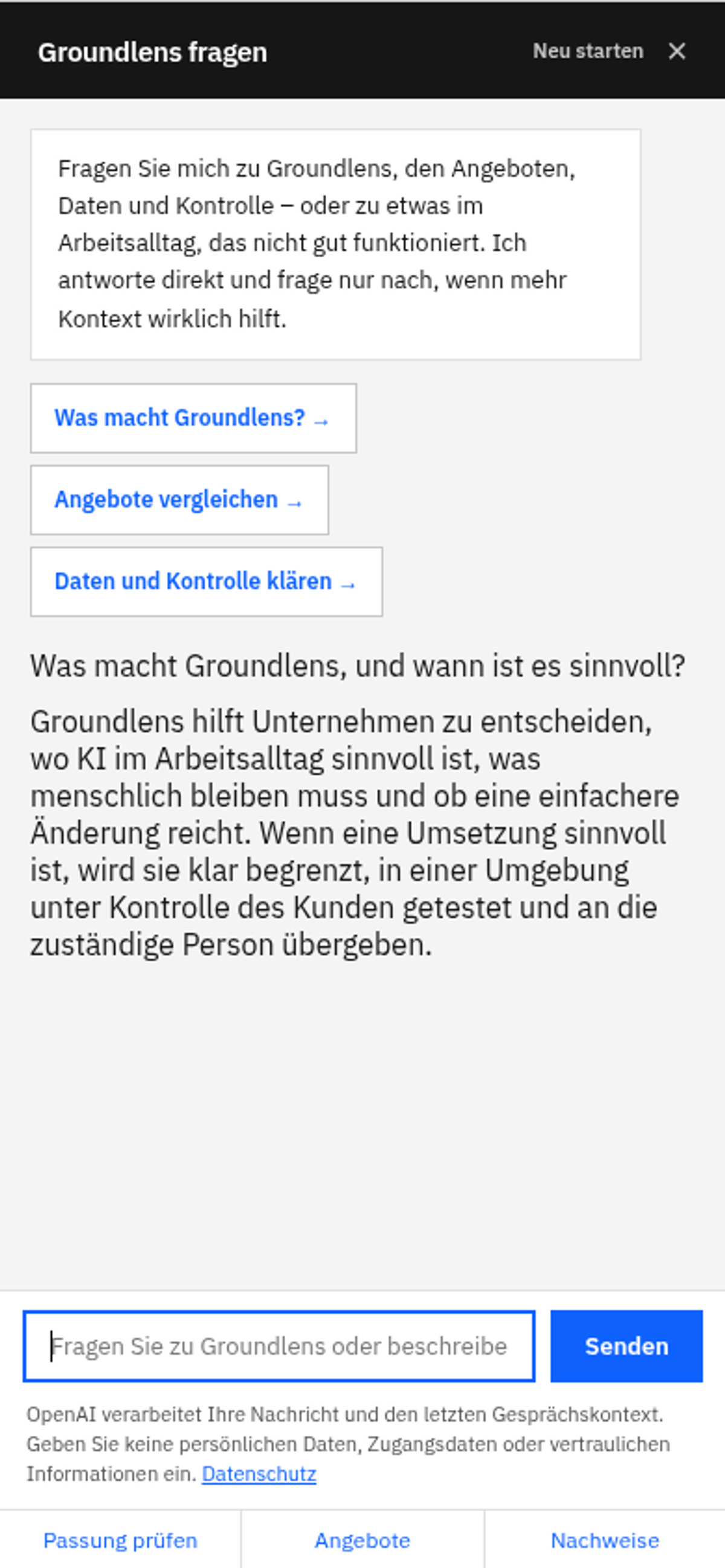 Aktueller Groundlens-Chatbot auf einem mobilen Bildschirm in deutscher Sprache.