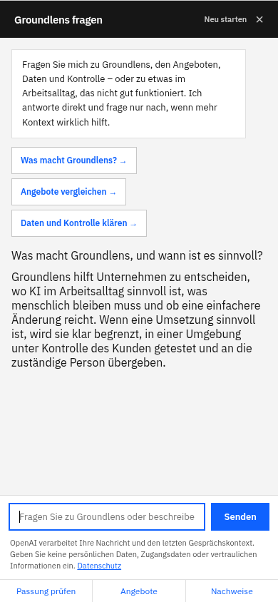 Aktueller Groundlens-Chatbot auf einem mobilen Bildschirm in deutscher Sprache.