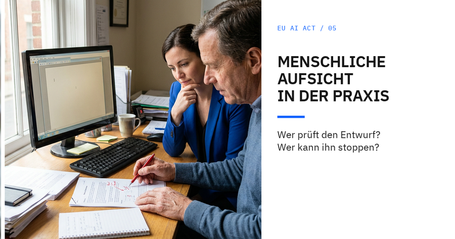 Zwei Personen prüfen einen Entwurf am Schreibtisch. Eine Person markiert die Seite mit einem roten Stift neben einem Computer.