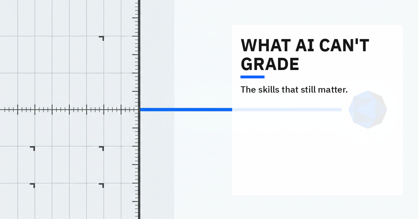 Editorial cover: a precise measurement grid reaches its limit while a blue route continues toward an open human decision.