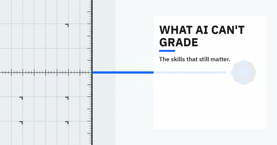 Editorial cover: a precise measurement grid reaches its limit while a blue route continues toward an open human decision.