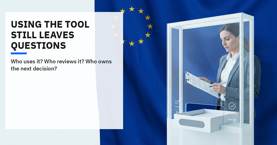 Editorial cover: a human reviewer examines an AI output at a clear checkpoint against an EU flag background.