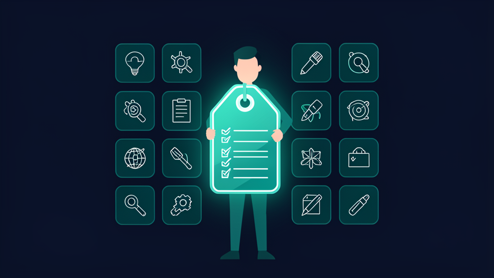 A person with a checklist standing before a large glowing price tag, with AI tool icons arranged on a dark background