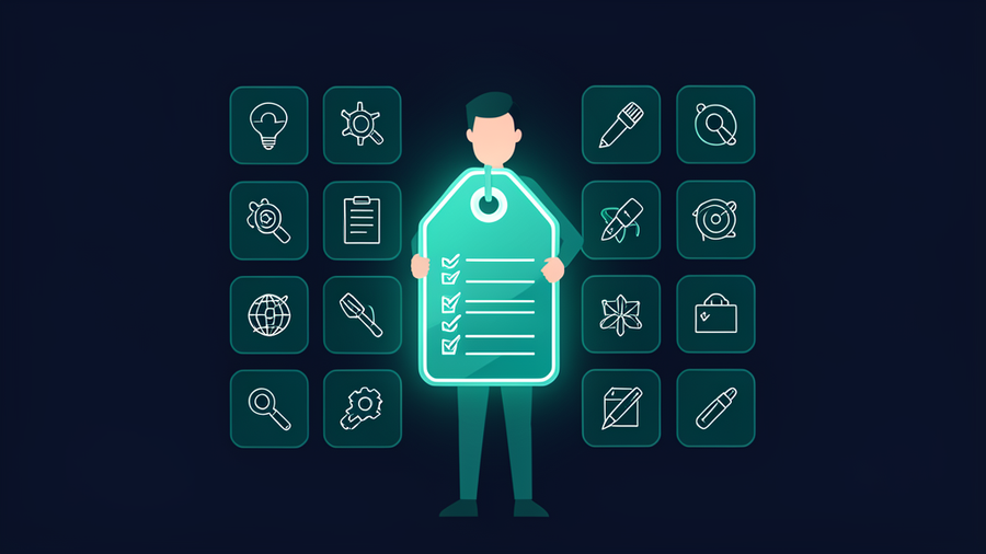 A person with a checklist standing before a large glowing price tag, with AI tool icons arranged on a dark background