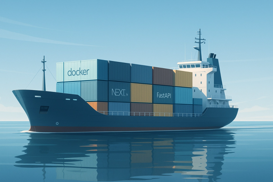 Ein elegantes, modernes Frachtschiff gleitet unter strahlend blauem Himmel über ruhige, spiegelglatte See. An Bord befinden sich ordentlich gestapelte Container in einem geordneten Raster. Einige Container sind dezent mit Fachbegriffen wie „Docker“, „Next.js“ und „FastAPI“ in einer modernen, minimalistischen Schriftart beschriftet. Die Farbpalette ist kühl und klar – Blau- und Grautöne mit sanften Akzenten in Orange oder Gelb. Das Bild soll Klarheit, Schnelligkeit und Zuverlässigkeit vermitteln. Der Stil sollte eine semi-realistische digitale Illustration oder ein leicht stilisierter Realismus sein. Hohe Detailgenauigkeit. Seitenverhältnis 16:9.
