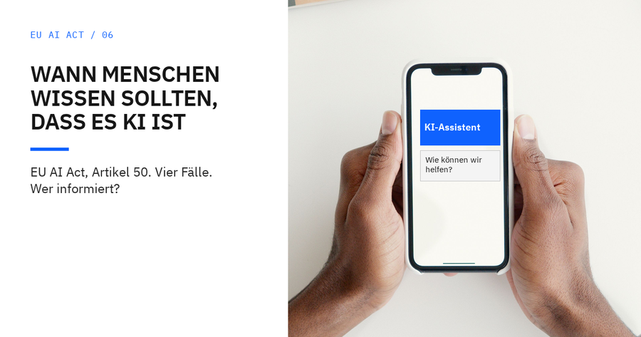 Hände halten ein Smartphone mit einer illustrierten Chat-Ansicht, die „KI-Assistent“ anzeigt.
