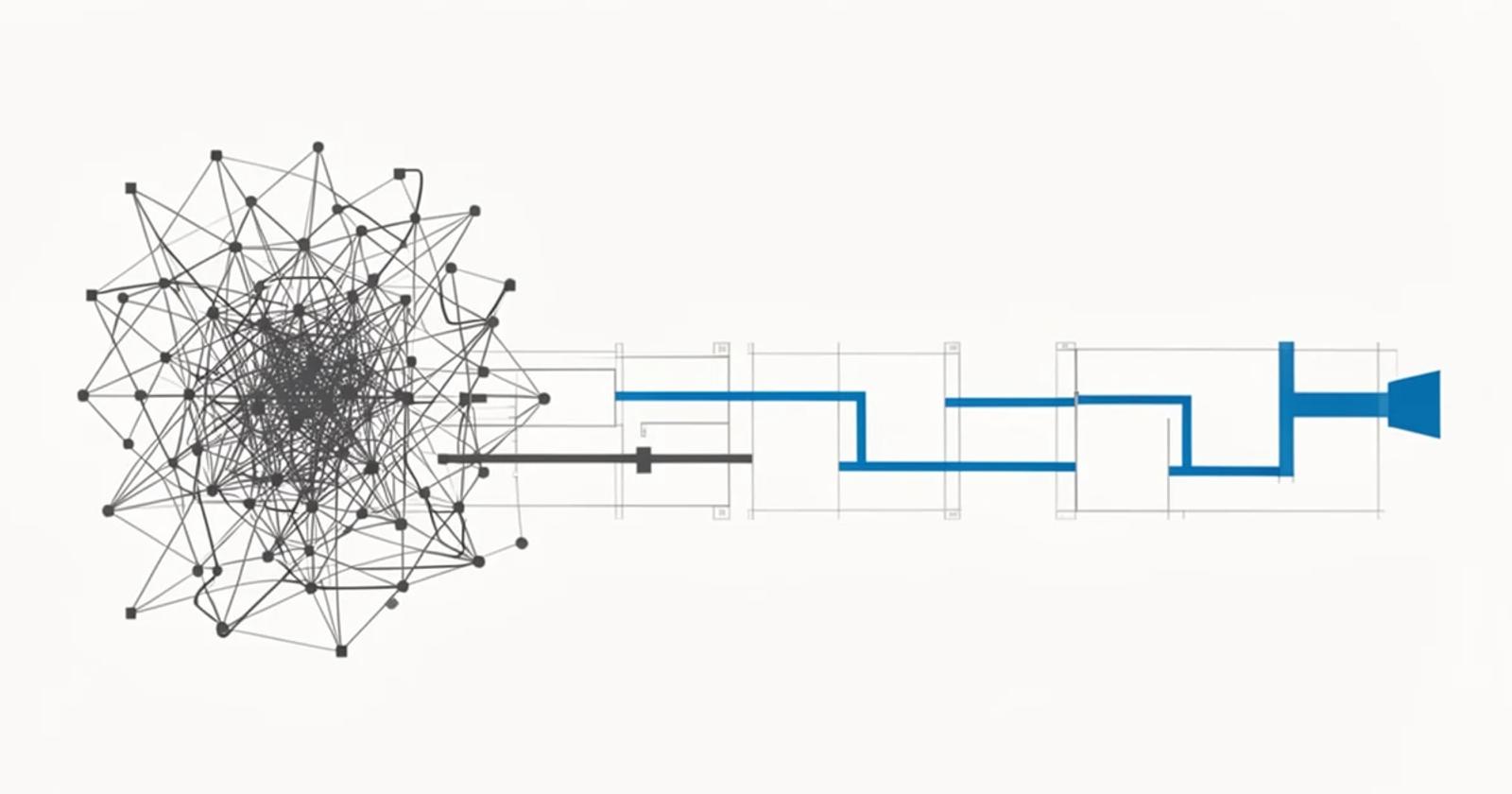 Abstract progression from scattered AI experiments to a governed operating workflow.