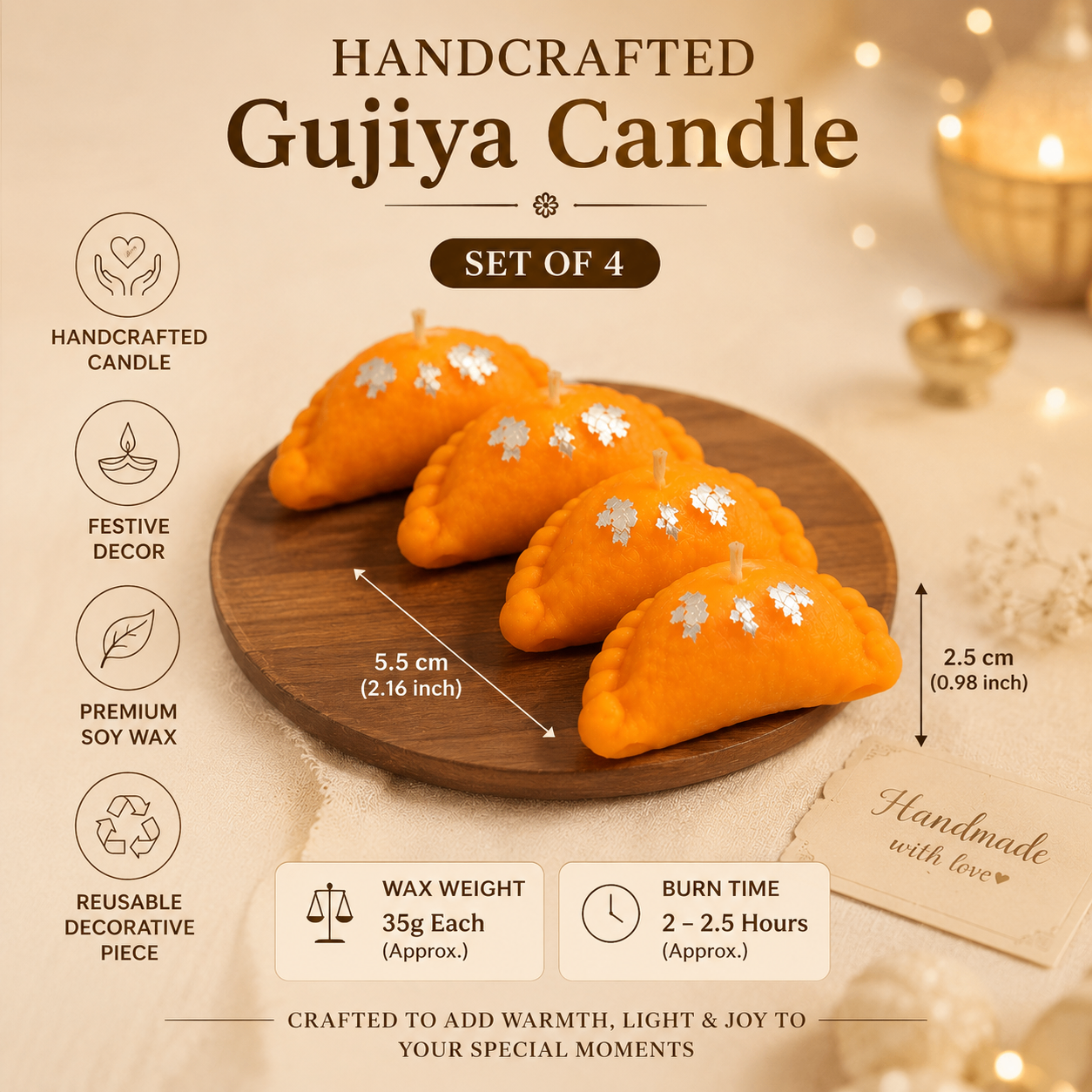 Gujiya Scented Soy Wax Handcrafted Festive Candle (4-Piece Set) – Warm Vanilla Blend | 60 GM