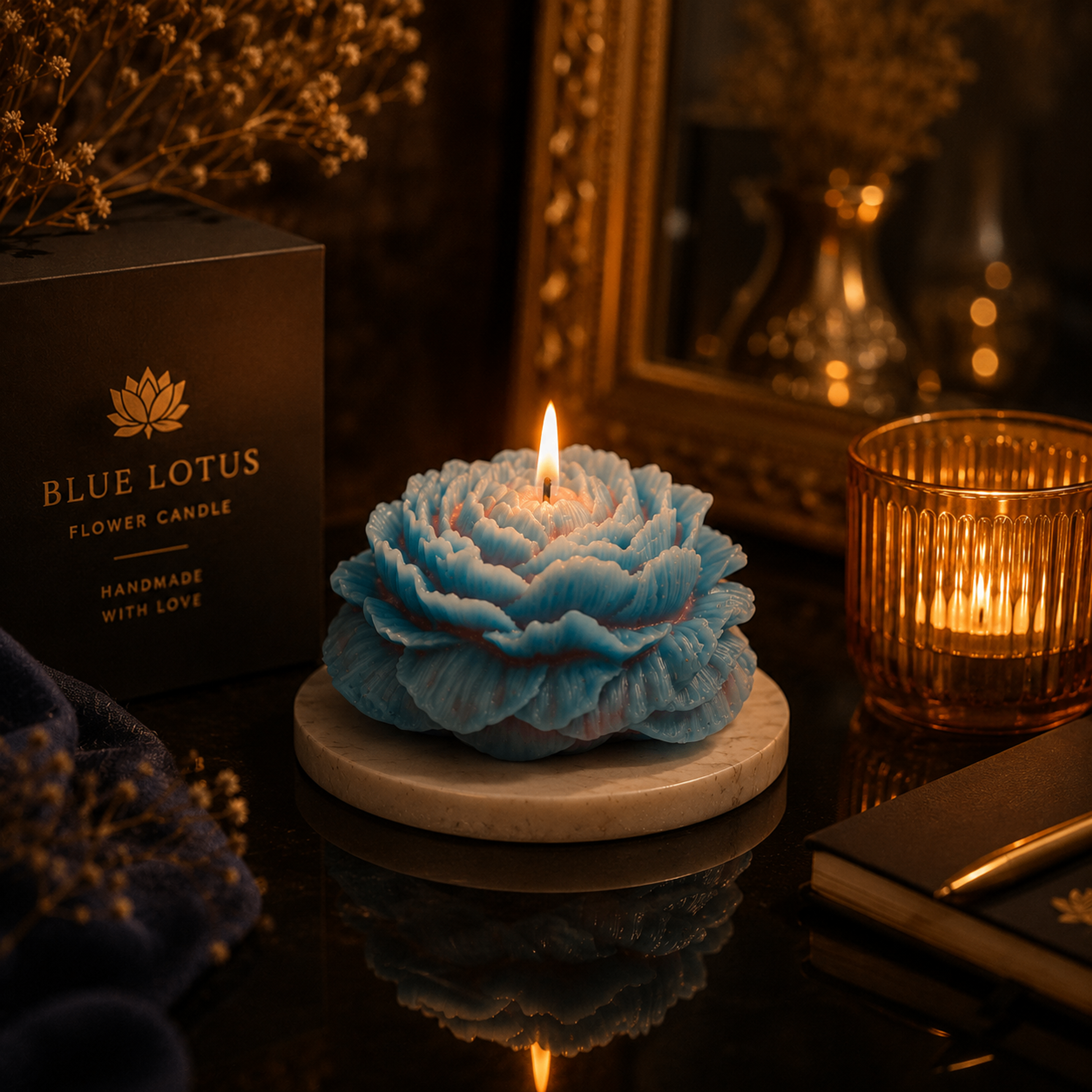 Handcrafted Blue Lotus Sculpted Soy Wax Candle – Refreshing Mint Infusion | 80 GM