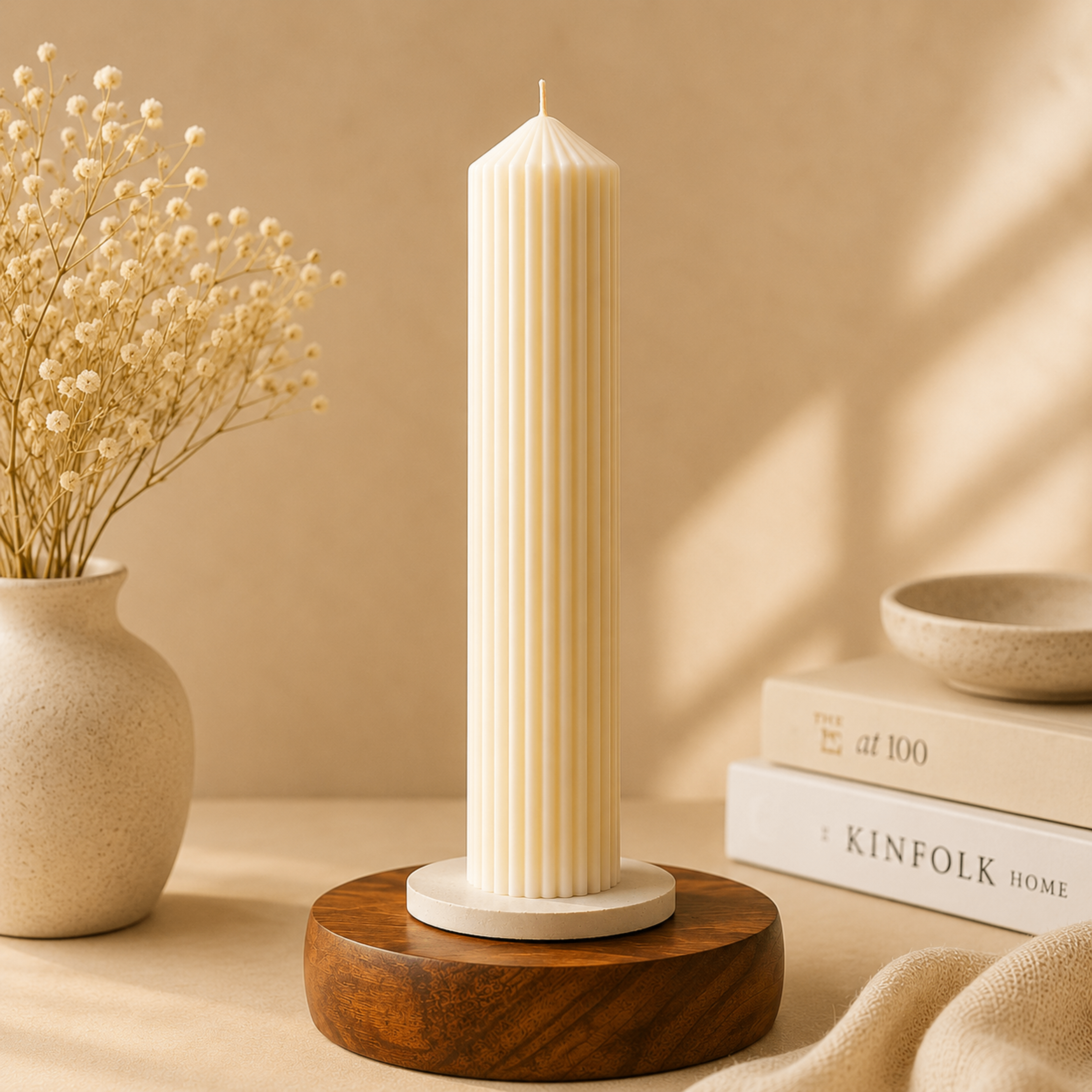 Handcrafted Sandalwood Soy Wax Tall Ribbed Pillar Candle | 190 GM