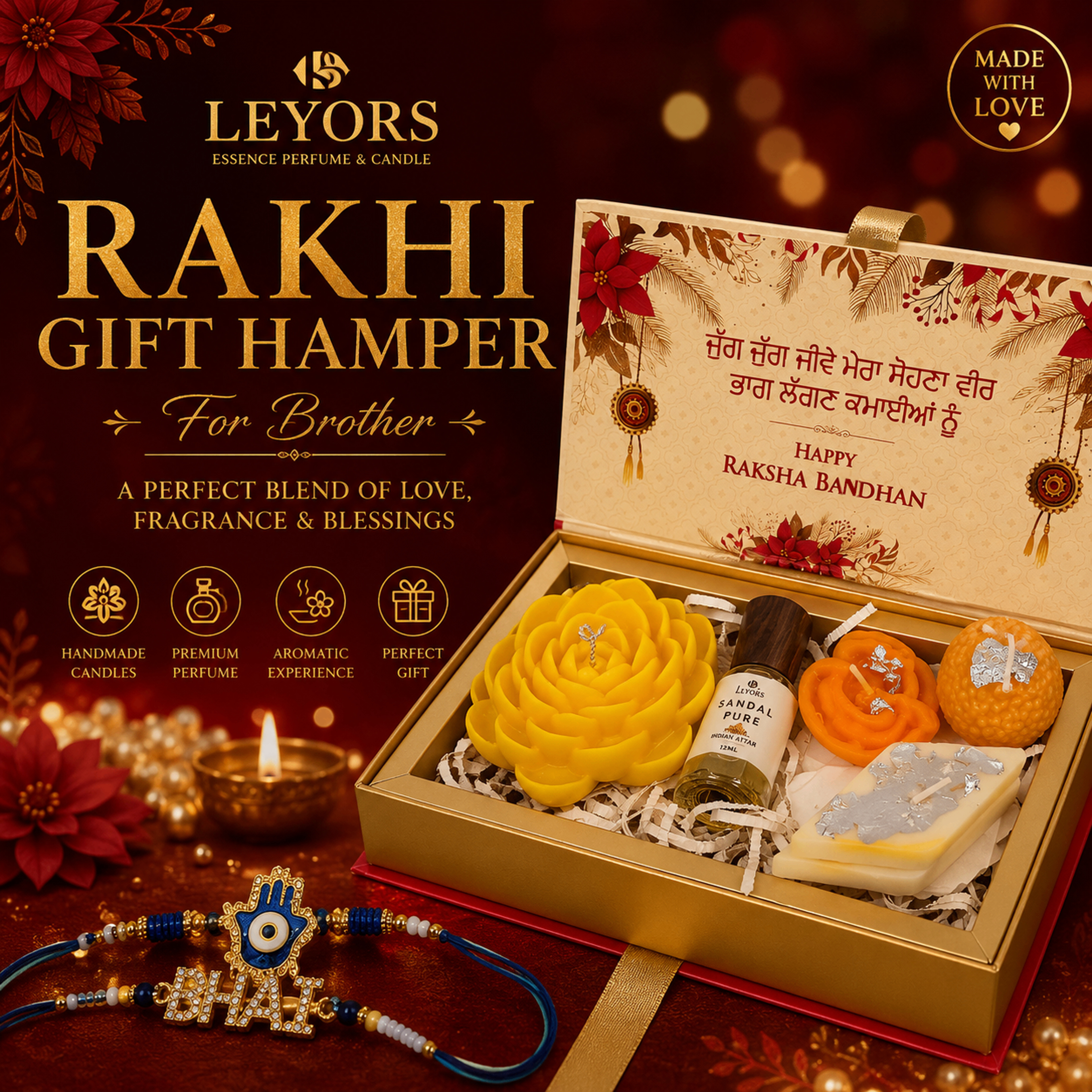 Rakhi Gift Hamper for Brother | Luxury Handmade Candle Gift Box with Sandal Pure Attar | Premium Raksha Bandhan Gift Set | Festival Gift Box