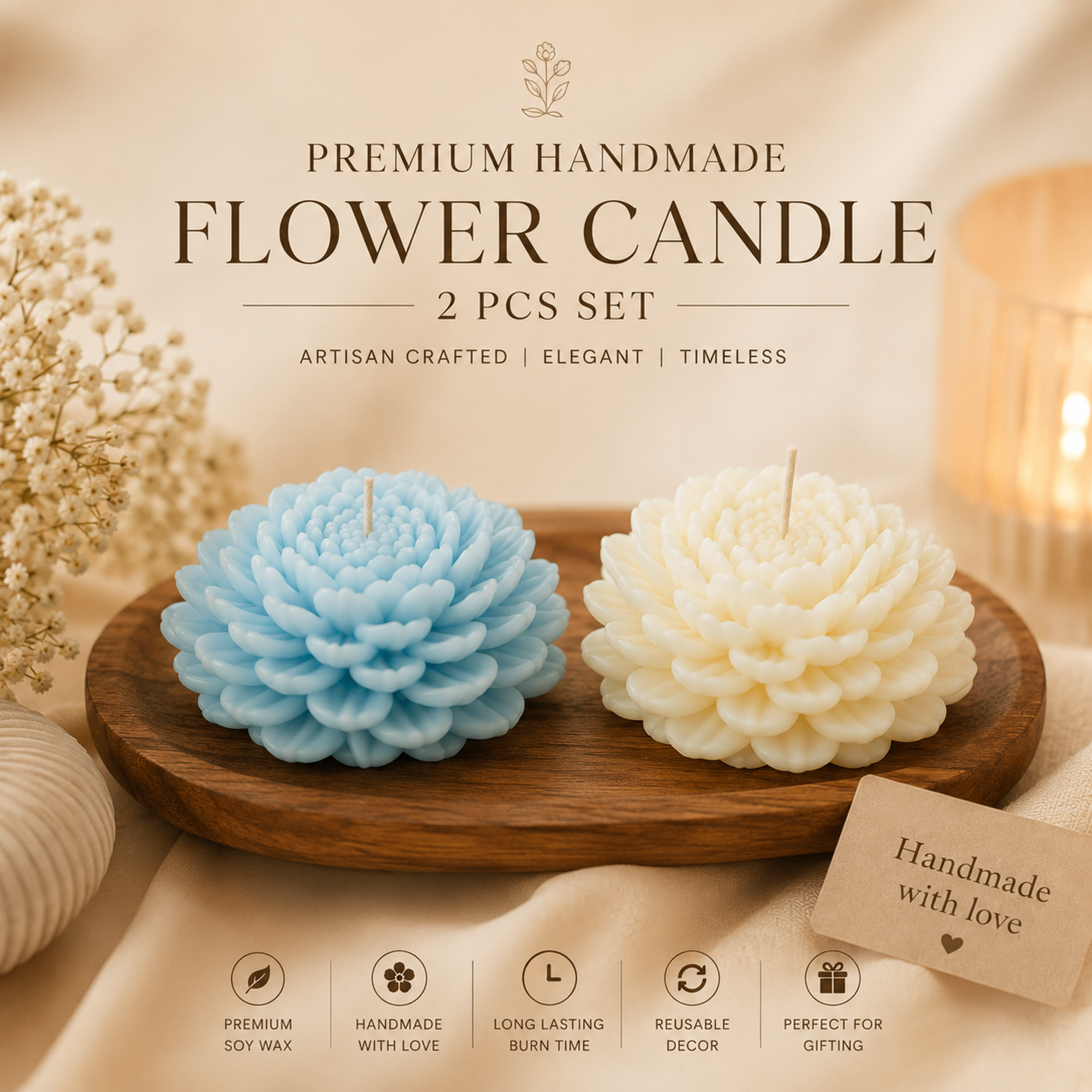 Flower Shaped Soy Wax Scented Chrysanthemum Candle Set of 2 | Warm Vanilla Blend Handmade Decorative Aromatherapy Candle for Home Decor, Gifting, Bedroom & Wedding Decor | 25gm