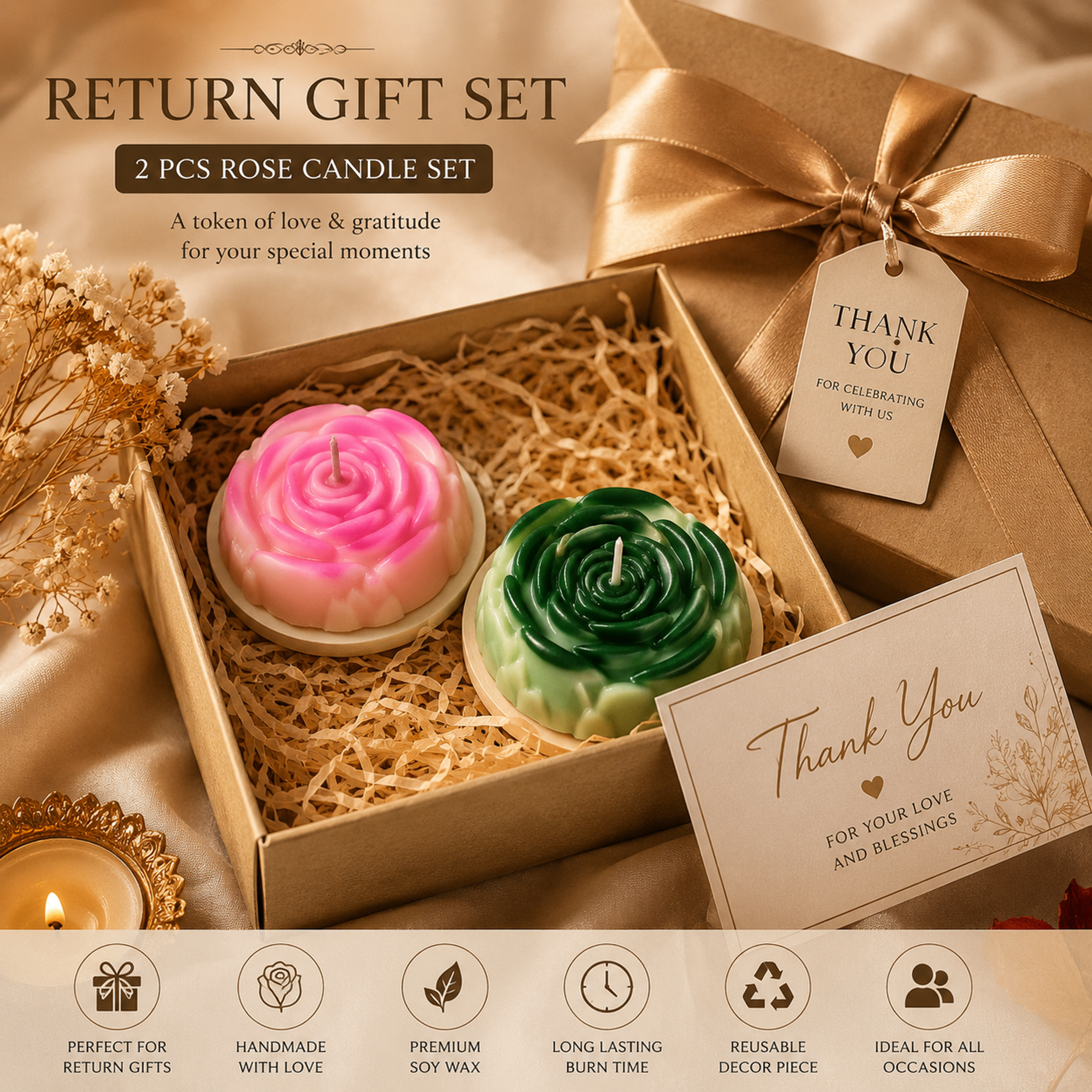 Handcrafted Rose Shaped Scented Soy Wax Candle (2-Piece Gift Set) – Rich Sandalwood Fragrance | 100 GM