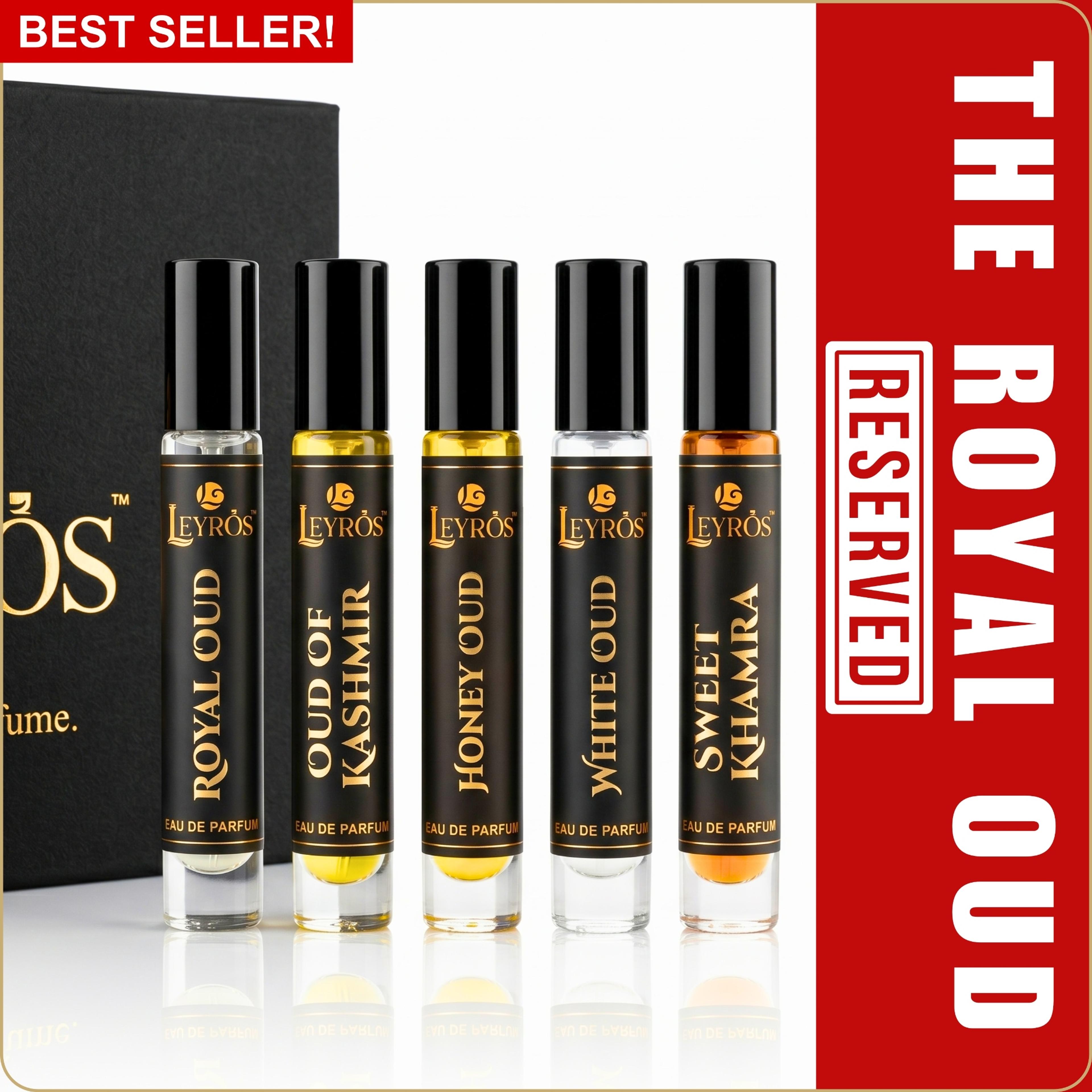 The Royal Oud "Reserved" Travel Kit (5 x 10ml) | Discovery Set – Luxury Eau De Parfum | Includes Royal Oud, Oud of Kashmir, Honey Oud, White Oud, & Sweet Khamra EDP