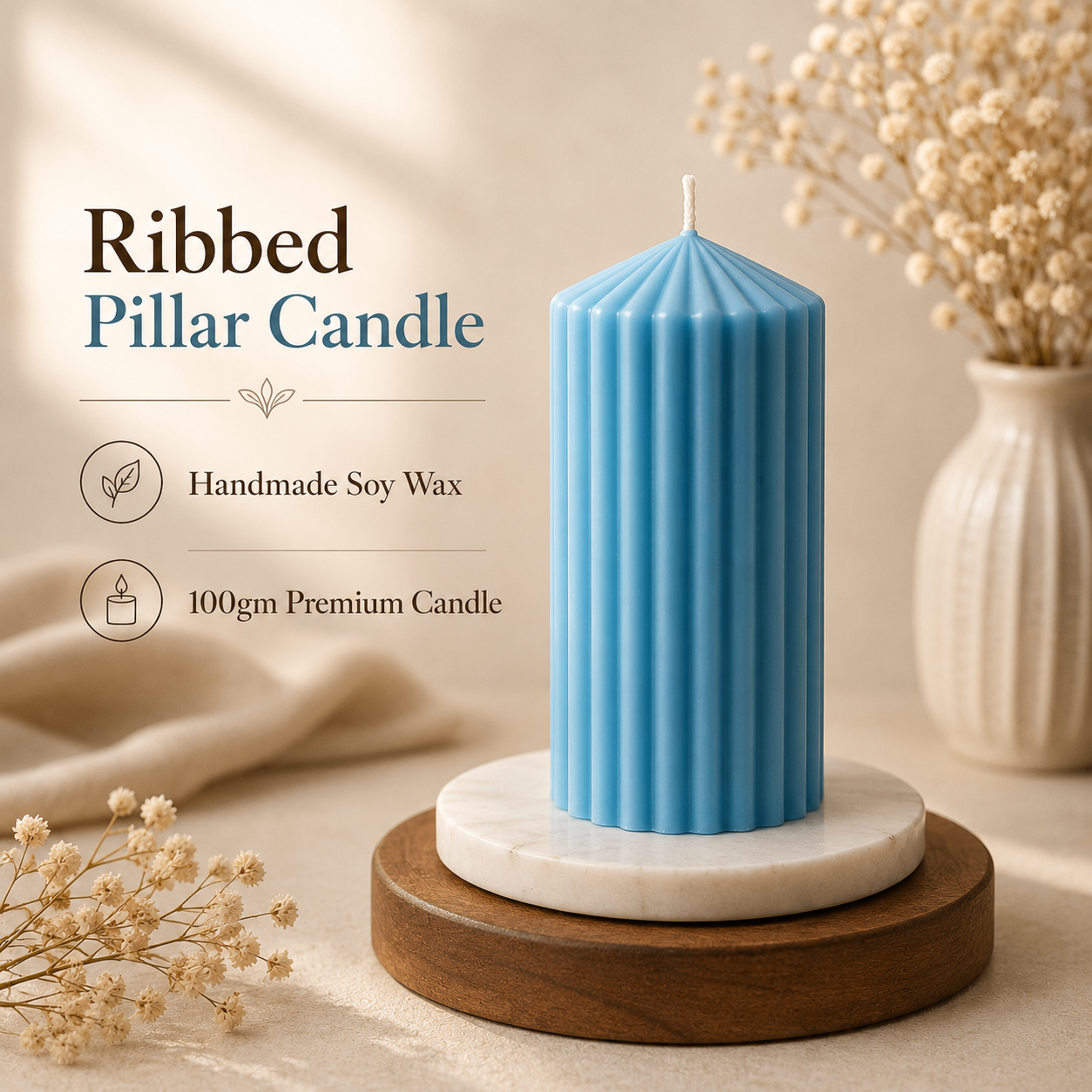 Ribbed Pillar Soy Wax Candle | 100 GM | Handcrafted | Lavender Fragrance | Decor & Gifting