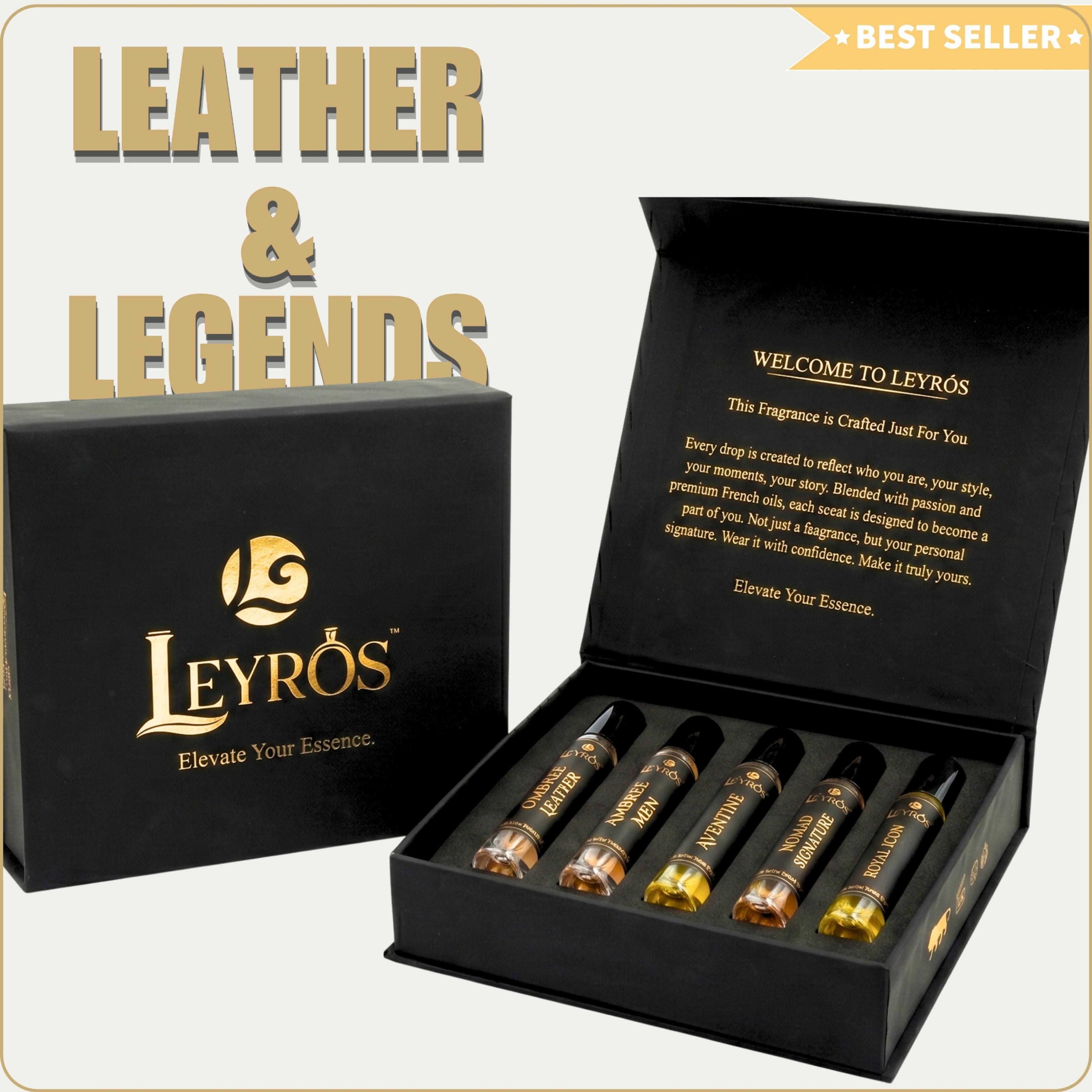 Leather & Legends 10 ML (Set of 5) | Ombree Leather - Ambree Men - Avenitne - Nomad Signature - Royal Icon | Perfume Discovery Set for Men & Women | 5 Premium Eau De Parfum Gift Pack