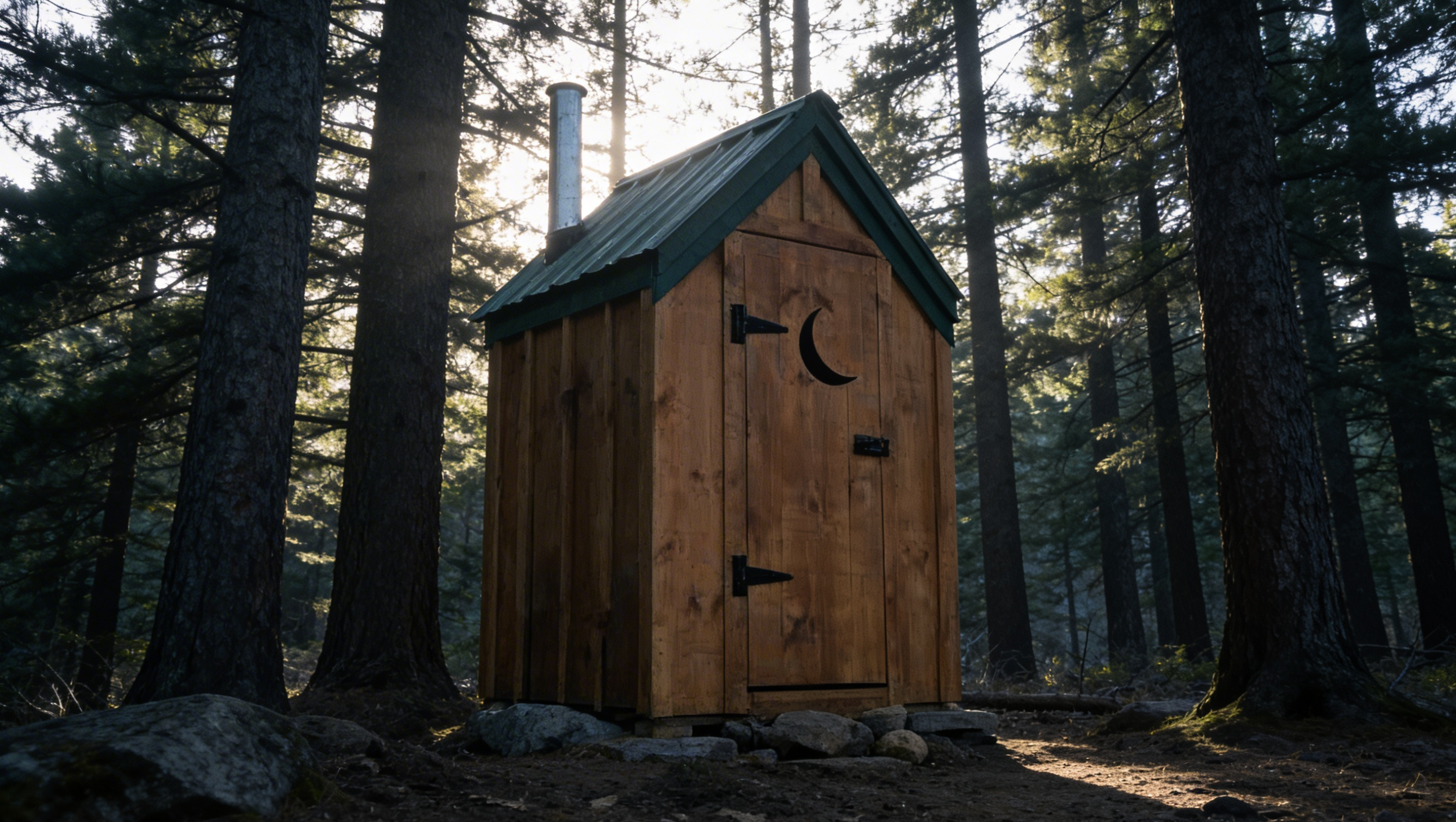 Wood outhouse in a forest.