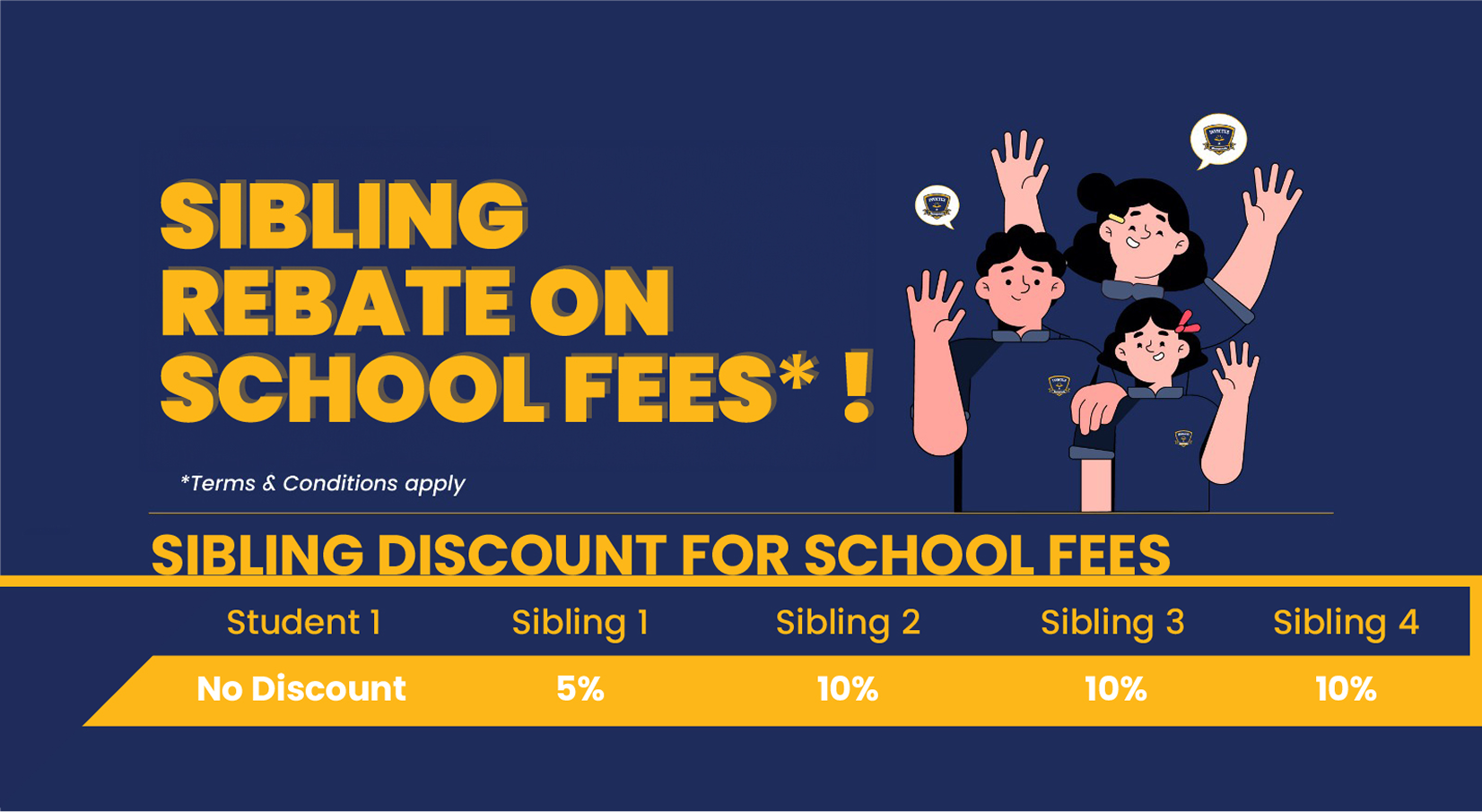 Illustration promoting Invictus School's sibling rebate on school fees, showing discount tiers from 5% to 10% for additional siblings, with cheerful cartoon students raising their hands.