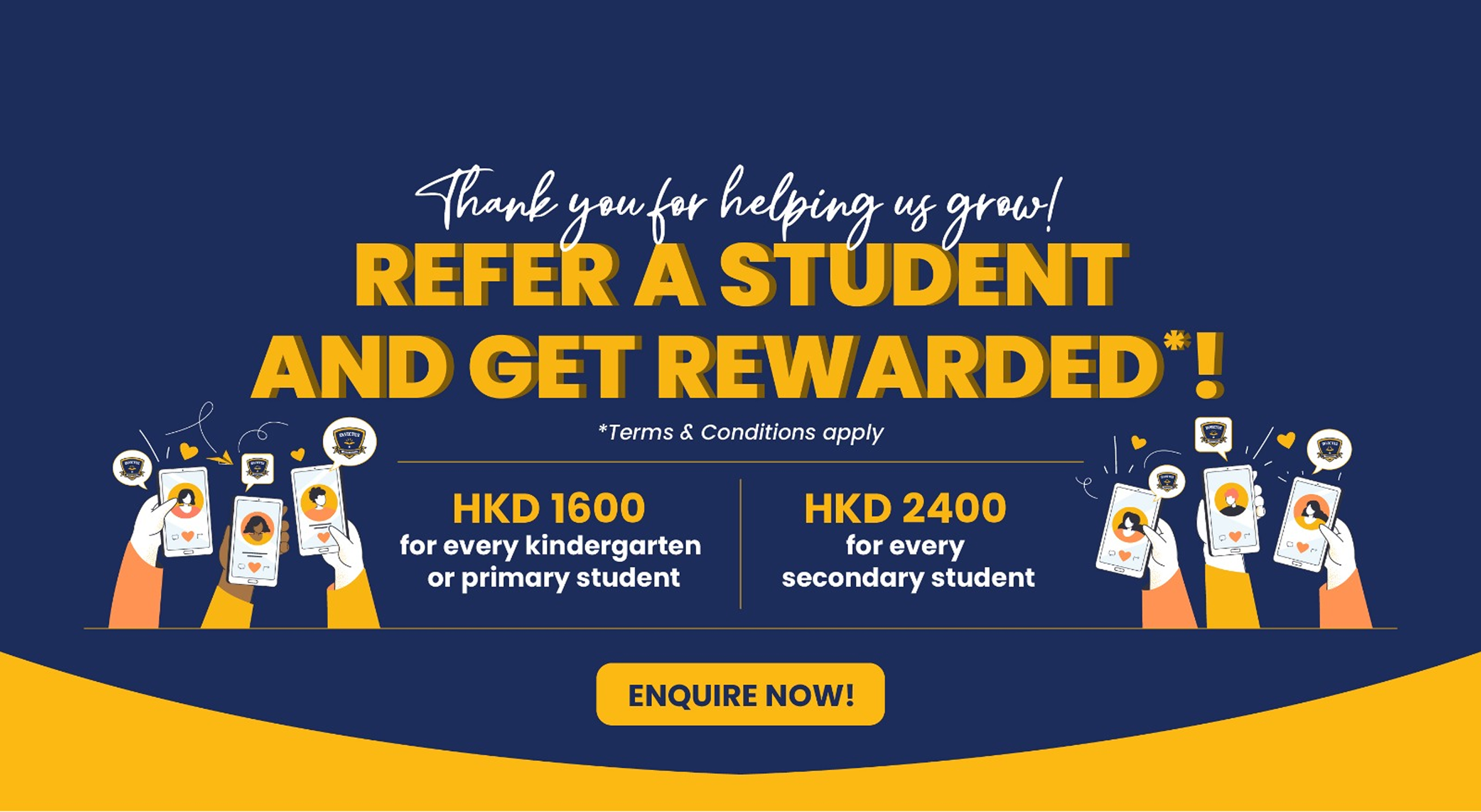 Illustration promoting Invictus School Hong Kong’s student referral scheme with cash rewards—HKD 1600 for kindergarten/primary and HKD 2400 for secondary students.