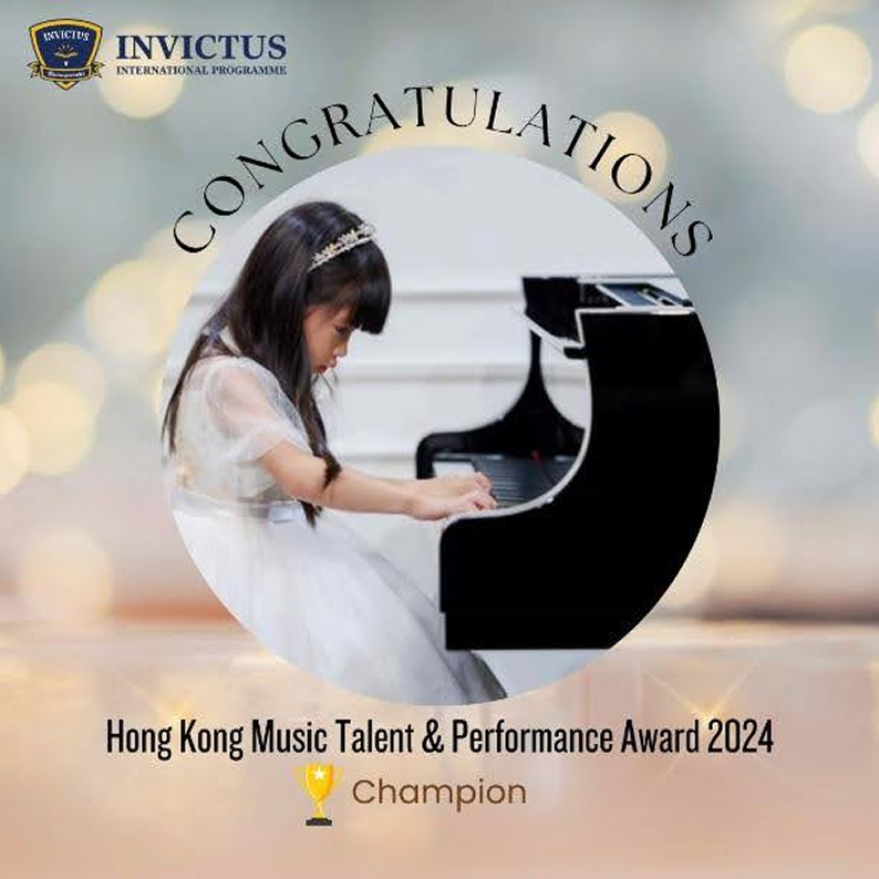 A young pianist wearing a white dress and tiara performing on a grand piano, recognised as the Champion of the Hong Kong Music Talent & Performance Award 2024.