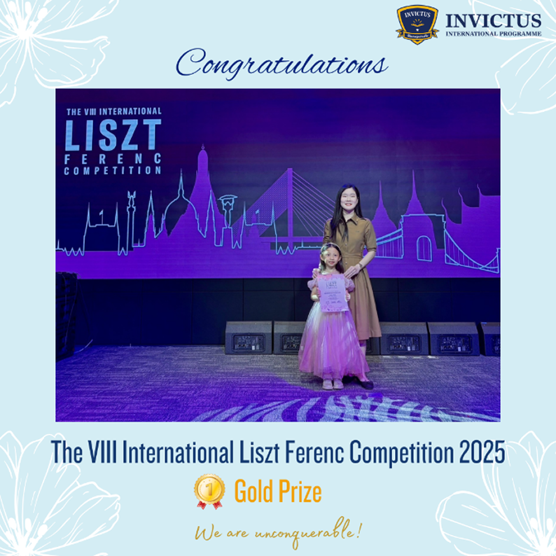 A young student and teacher on stage at the Liszt Ferenc Competition 2025, with the student holding a certificate and wearing a pink gown, having won the Gold Prize.