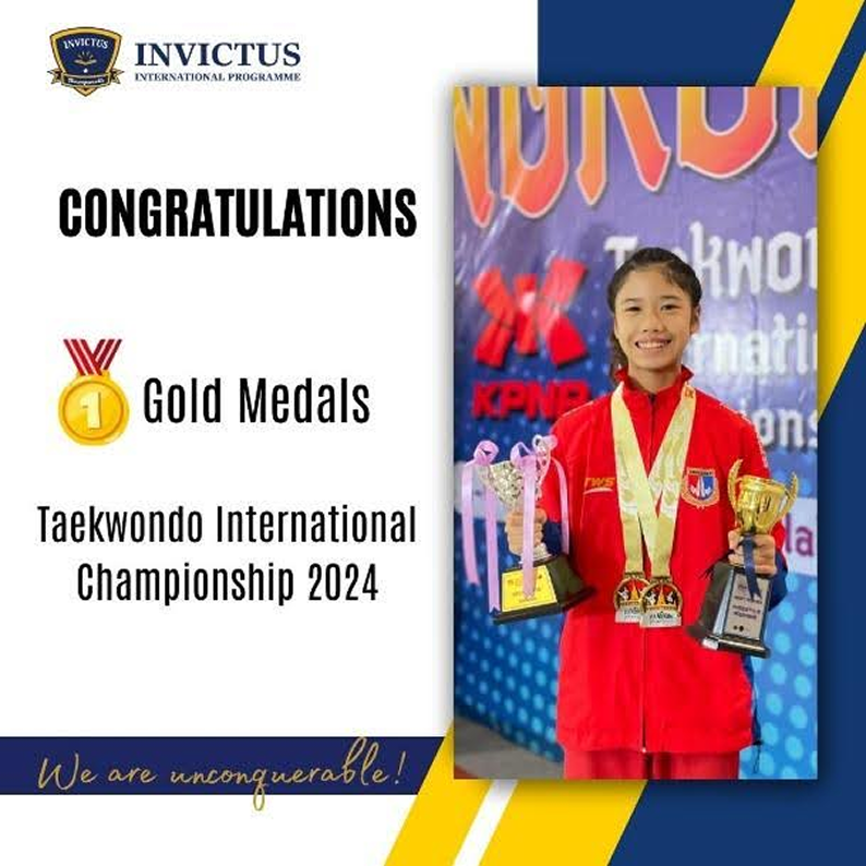 A taekwondo student in a red uniform proudly displaying multiple gold medals and trophies after winning at the Taekwondo International Championship 2024.