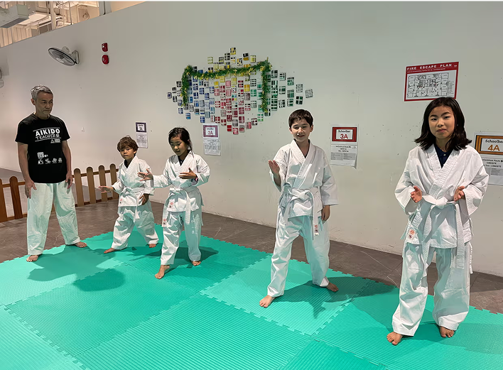 Students learning discipline and physical coordination through aikido lessons as part of their extra-curricular activities.