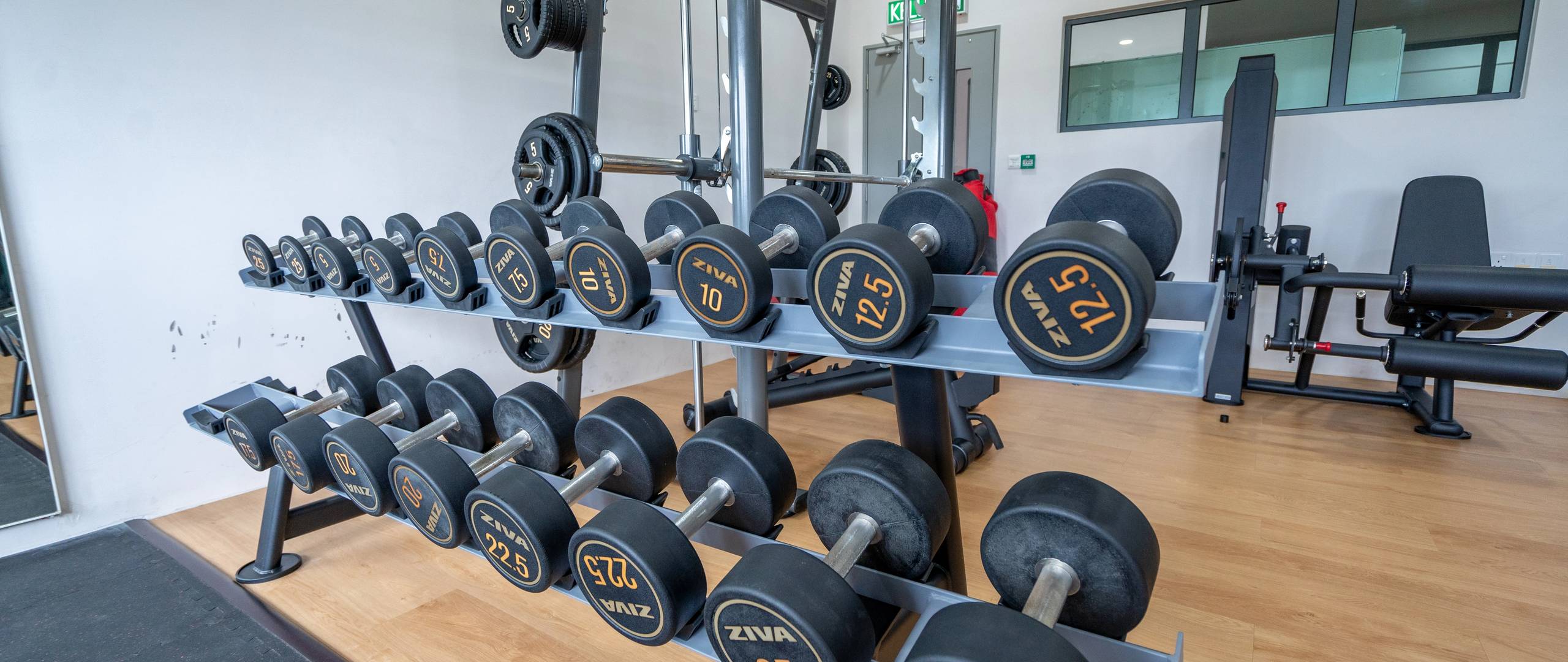 Gym with free weights and strength training equipment.