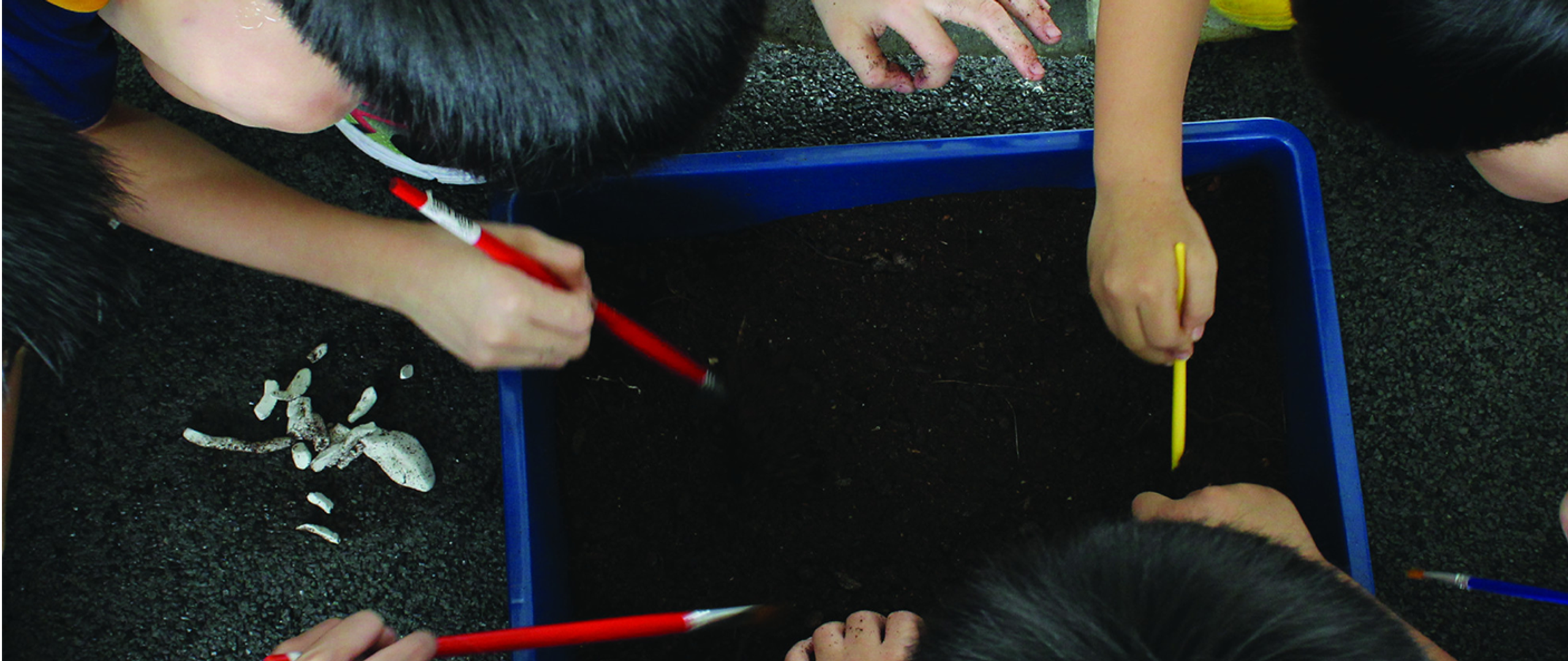 Students at Horizon Hills Invictus International School Malaysia using brushes to uncover items in a hands-on discovery or archaeology-themed learning activity.