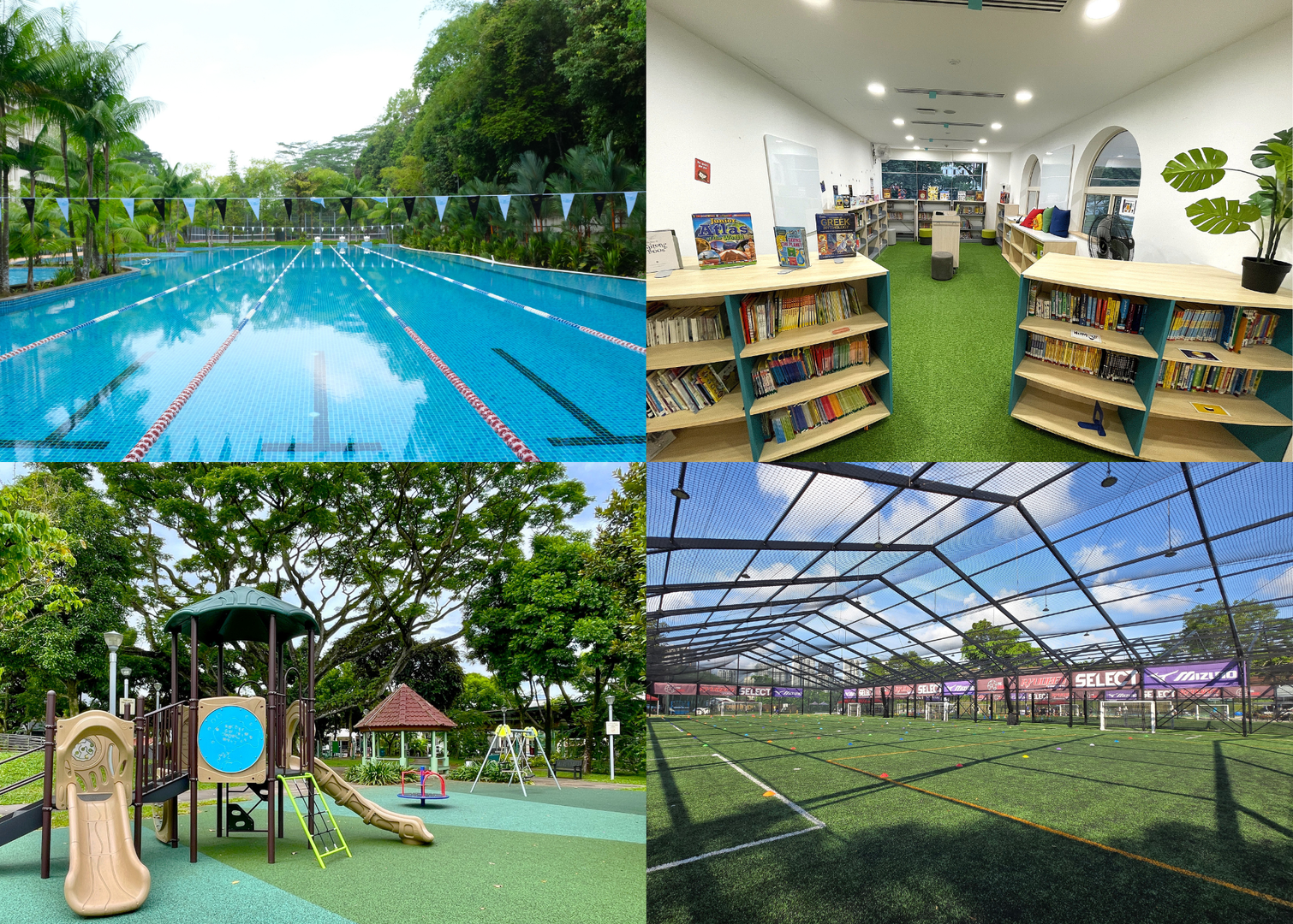 Collage of Bukit Timah Facilities including swimming pools, library, outdoor playground, and football field