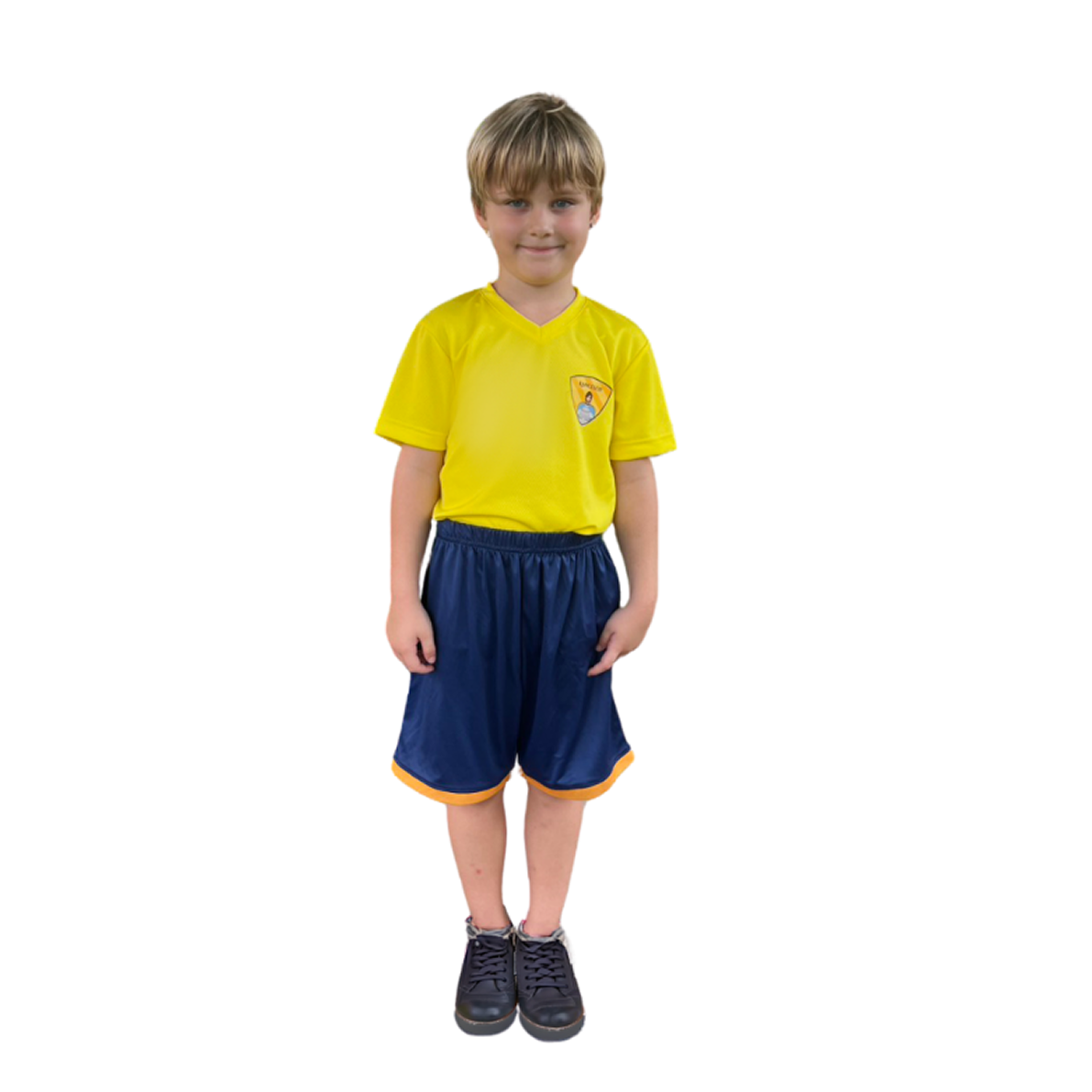 Young boy in the Invictus International School Thailand PE uniform, wearing a bright yellow sports shirt with the school logo and navy blue athletic shorts, standing confidently against a plain white background.