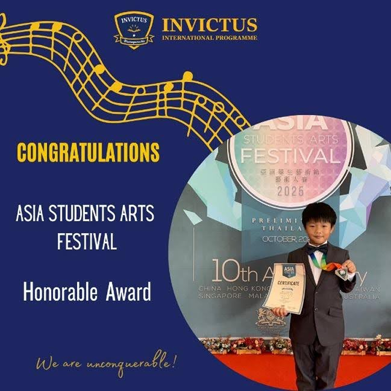 A student in a formal suit holding a certificate and medal, standing in front of the Asia Students Arts Festival 2025 backdrop after receiving an Honorable Award.